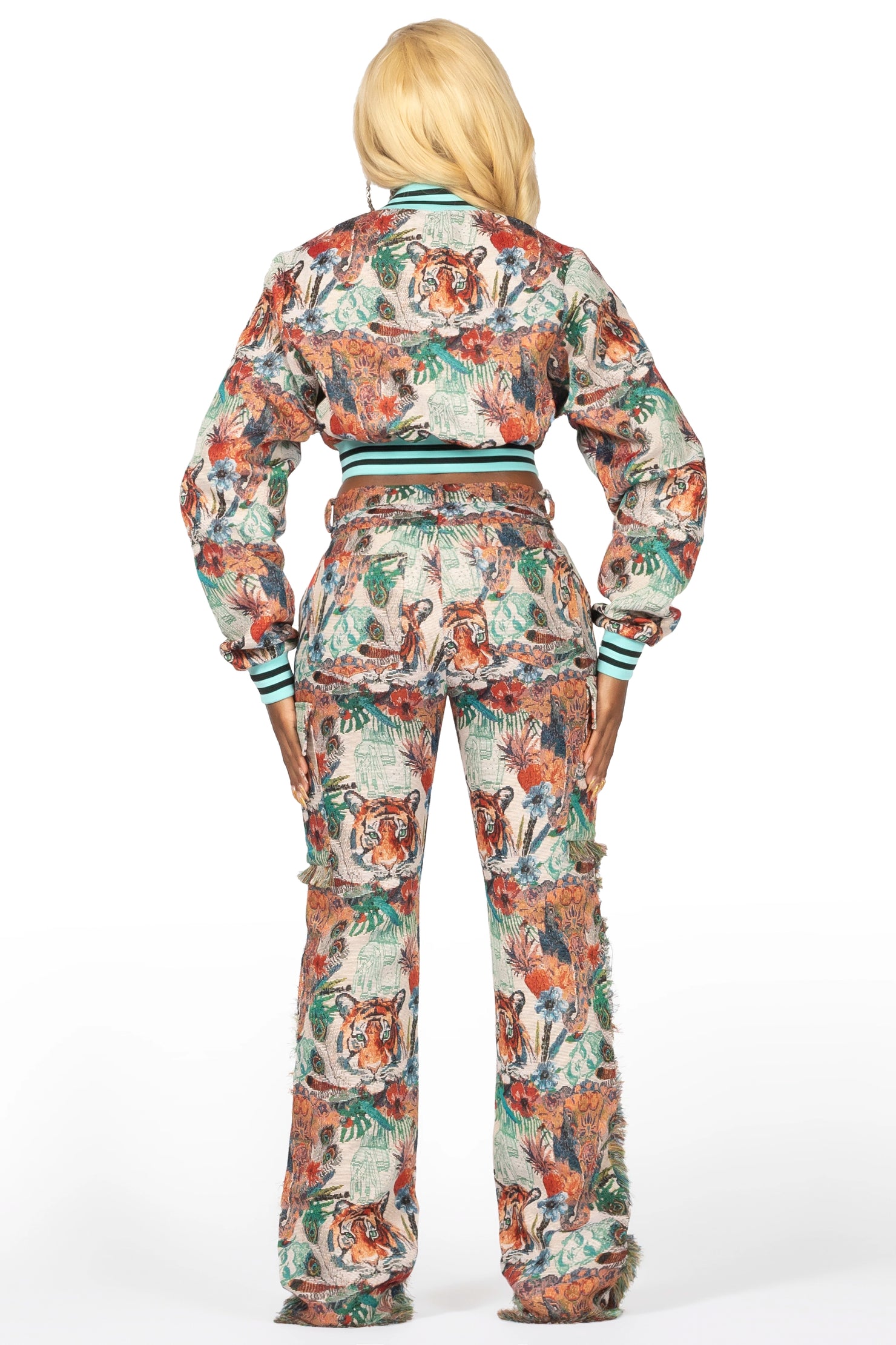 Rena Beige Crop Tapestry Varsity Jacket