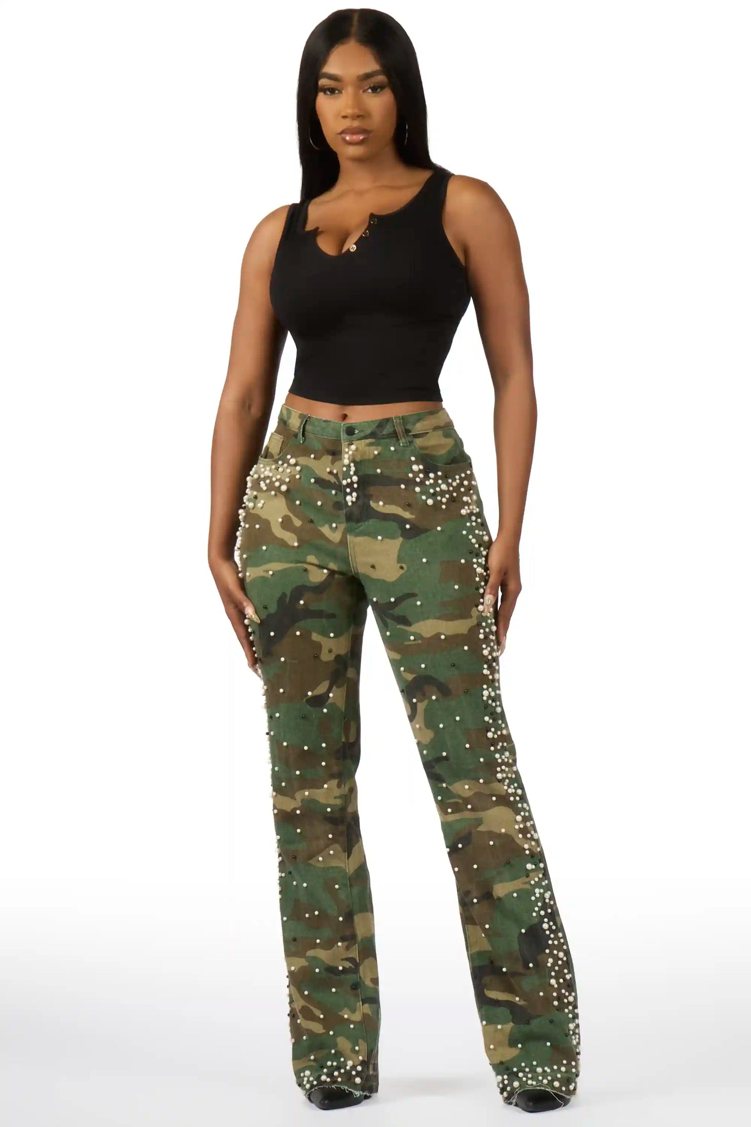 Marquita Camo Pearl Stacked Flare Jean