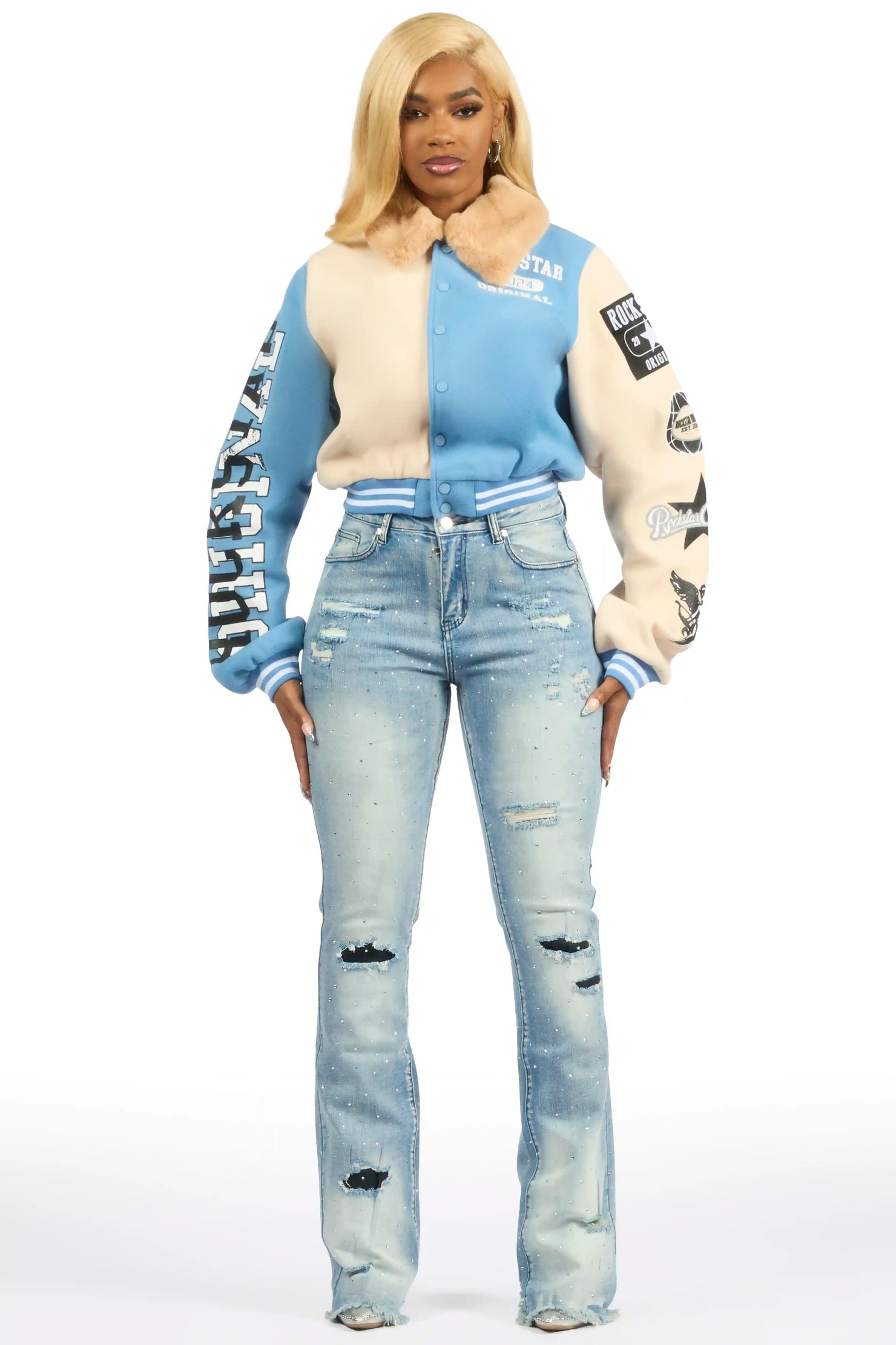 Kisha Blue/Tan Fur Collar Varsity Jacket