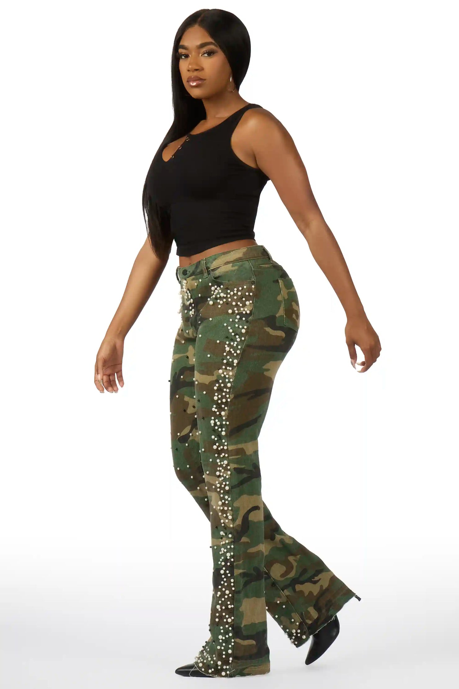 Marquita Camo Pearl Stacked Flare Jean