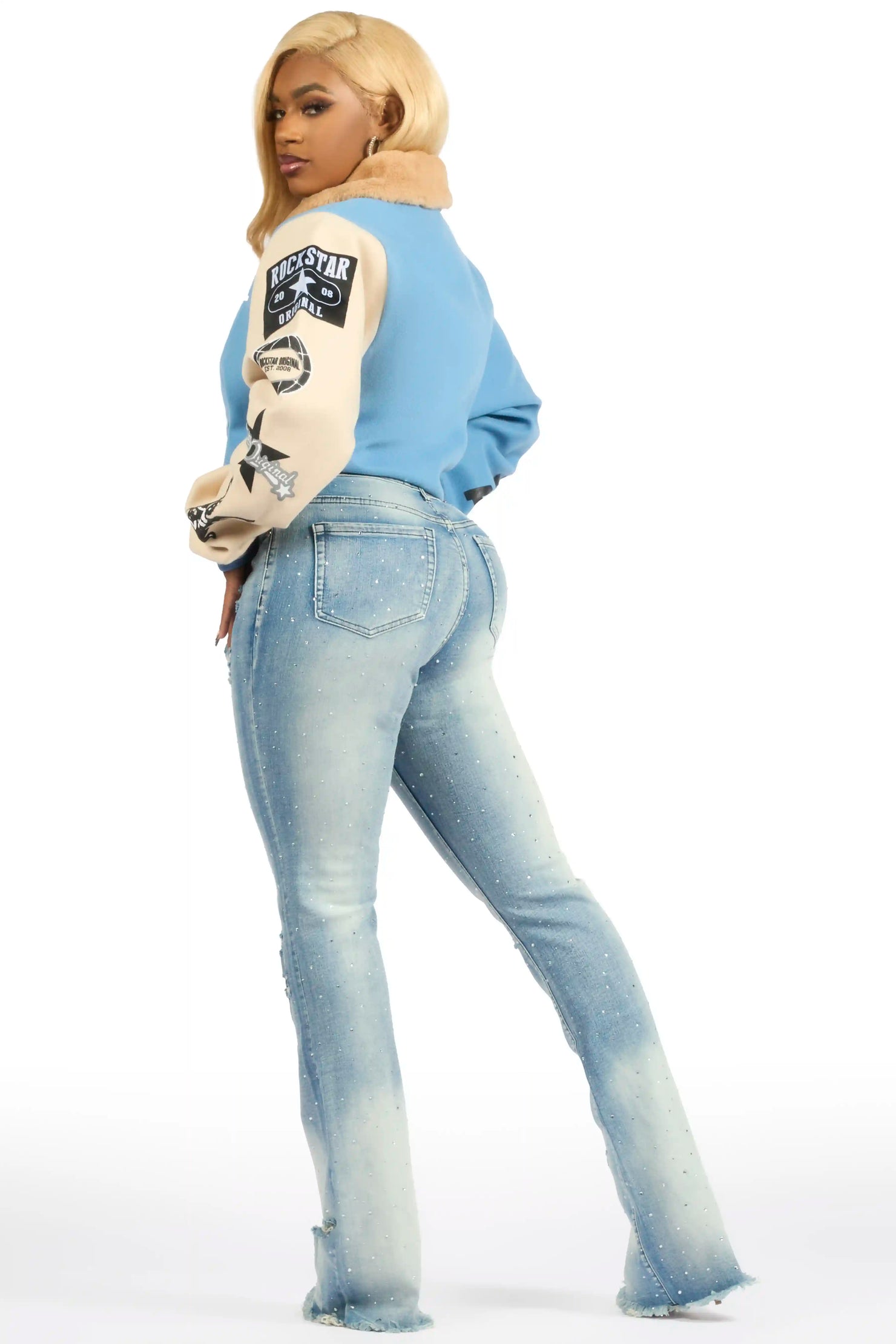 Kisha Blue/Tan Fur Collar Varsity Jacket