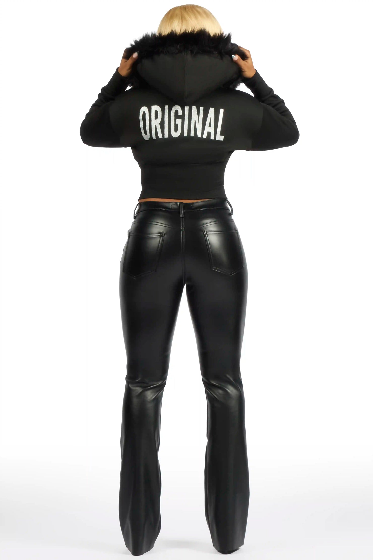 Keazhanae Black PU Cargo Stacked Flare Pant