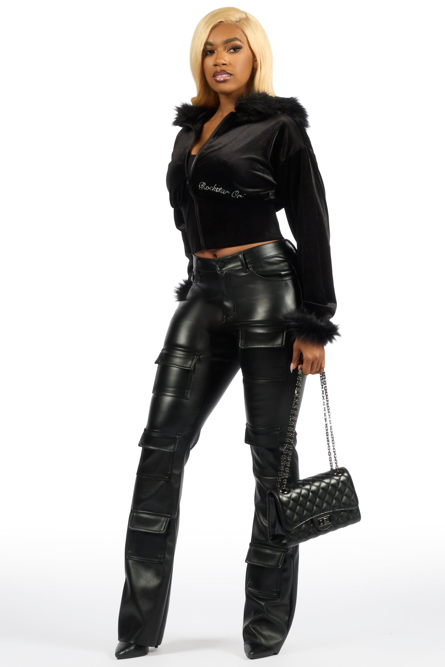 Shanika Black Velour Crop Hoodie With Fur Hood