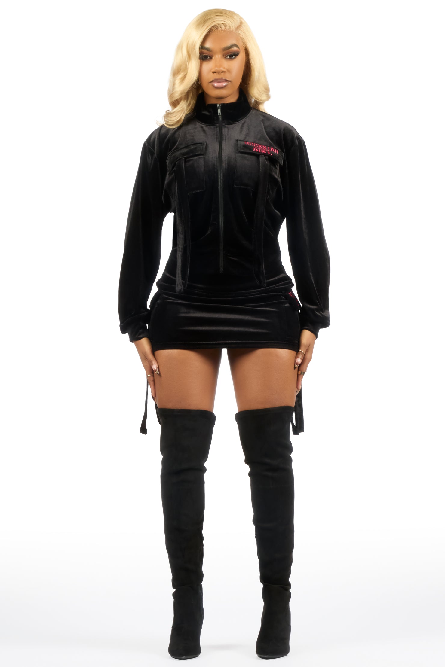 Tangela Black/Pink Cargo Velour Skirt Set