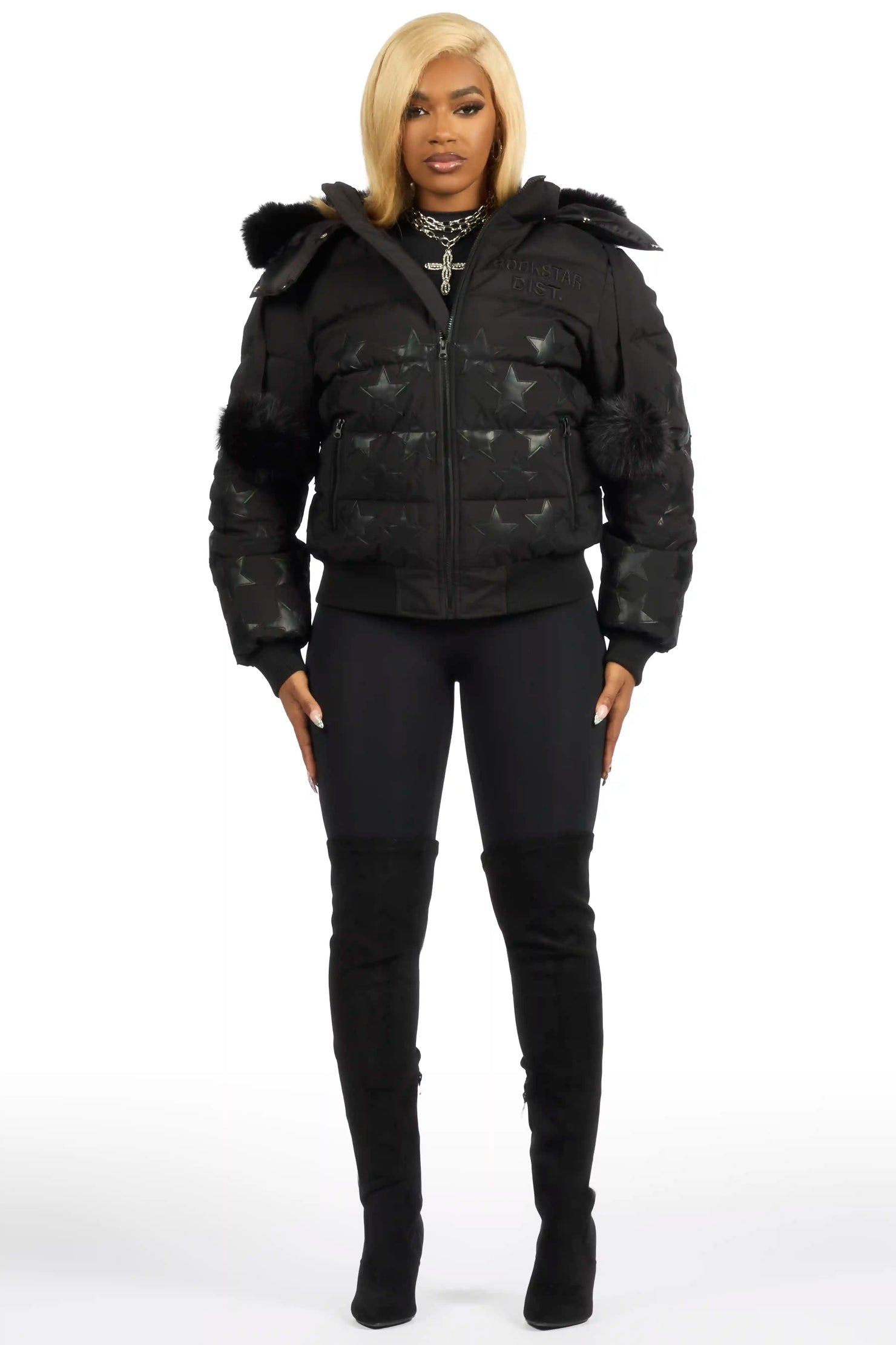 Starlena Black Puffer Jacket With Fur Hood