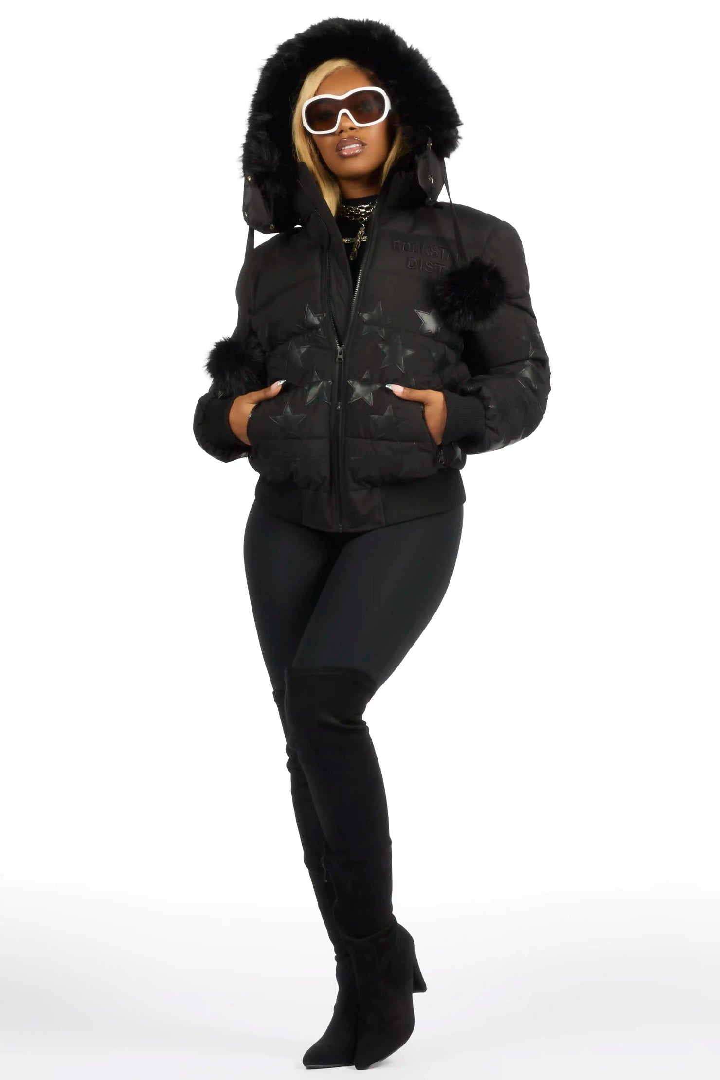 Starlena Black Puffer Jacket With Fur Hood