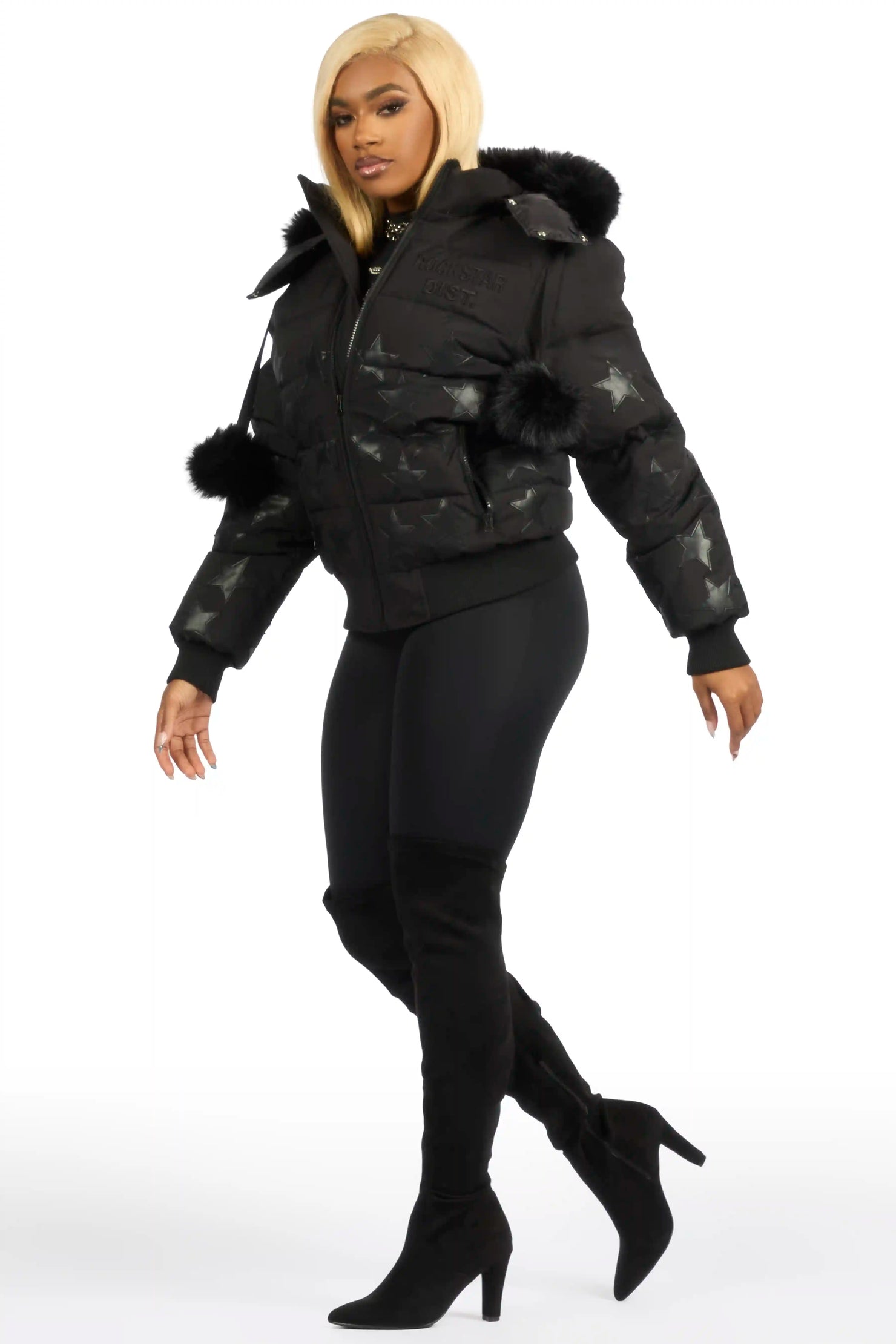 Starlena Black Puffer Jacket With Fur Hood