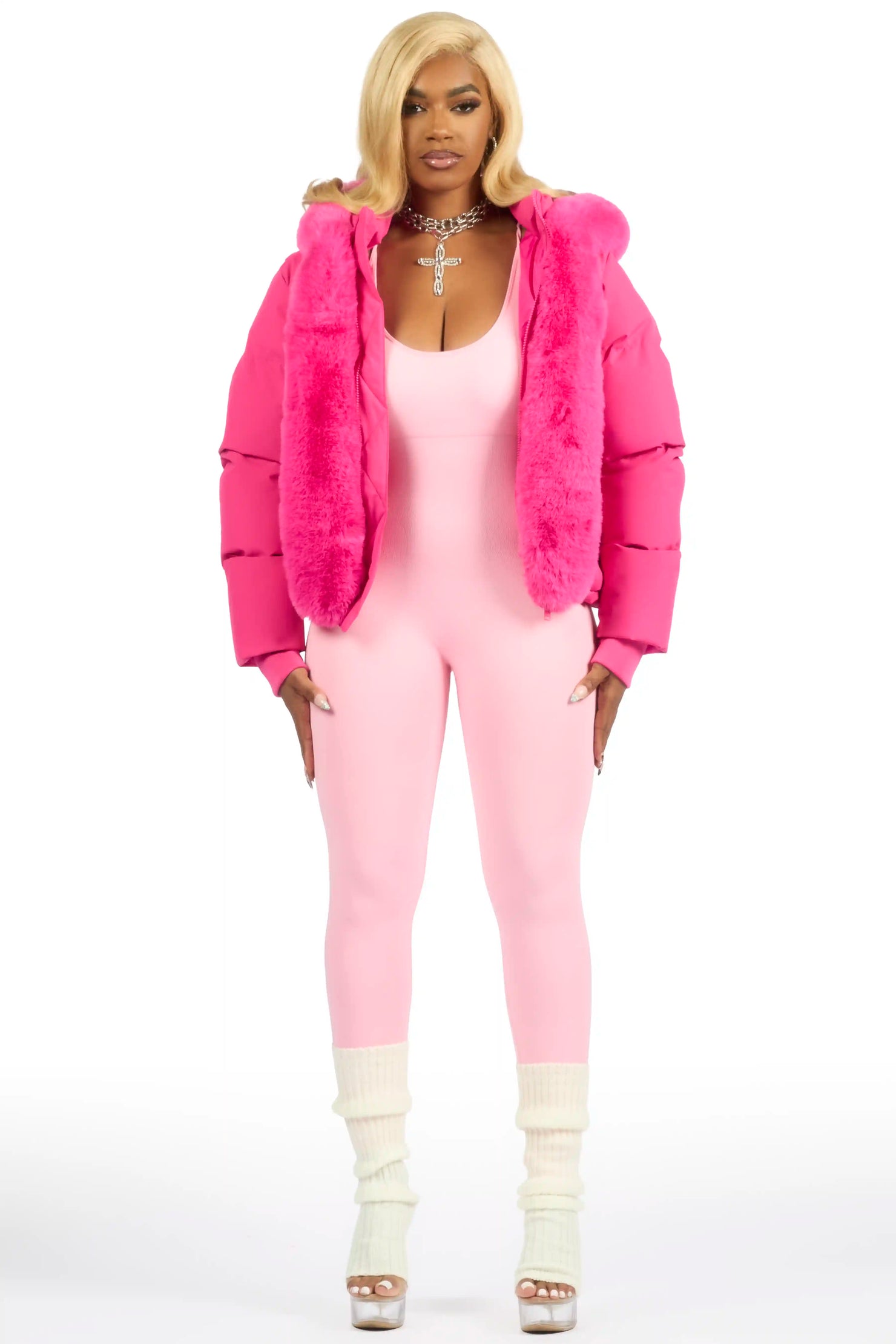 Dontaisha Hot Pink Puffer Jacket With Fur Trim