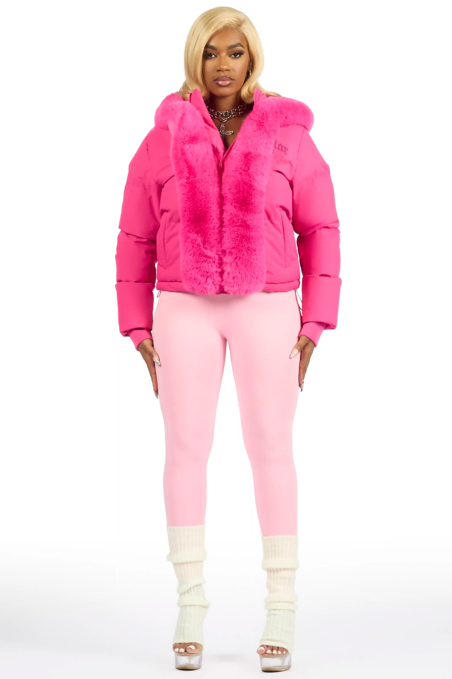 Dontaisha Hot Pink Puffer Jacket With Fur Trim