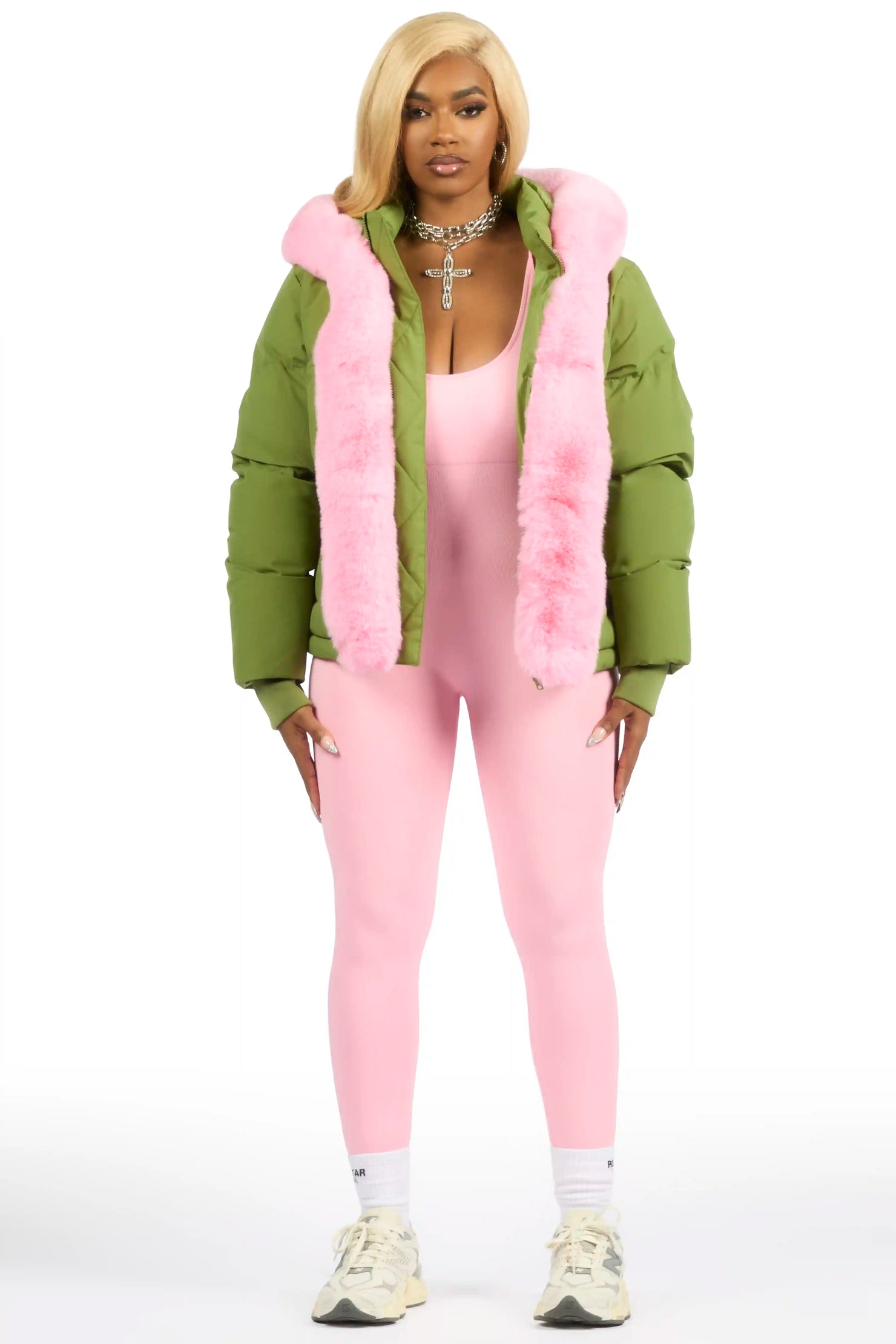 Dontaisha Olive Puffer Jacket With Fur Trim