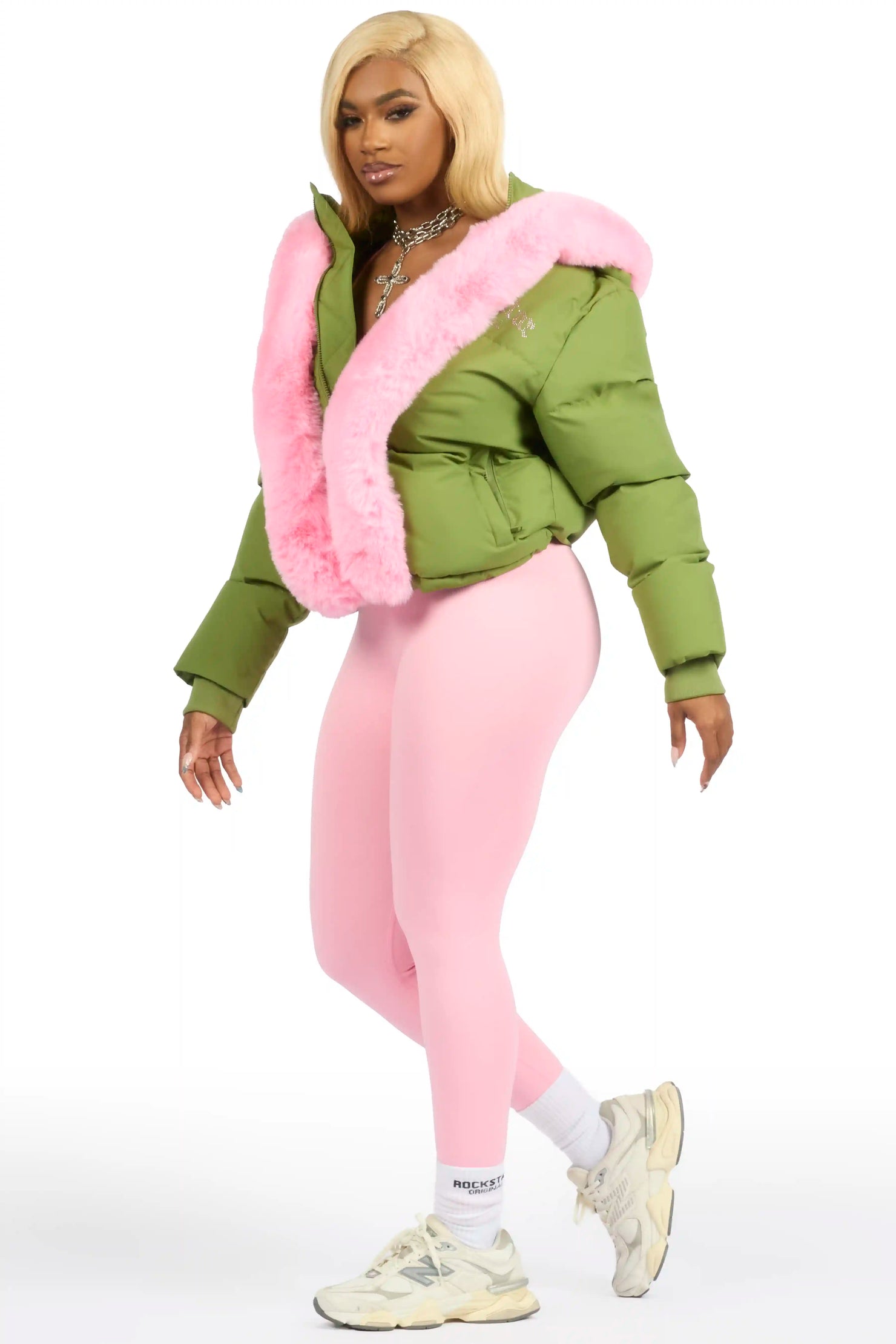 Dontaisha Olive Puffer Jacket With Fur Trim