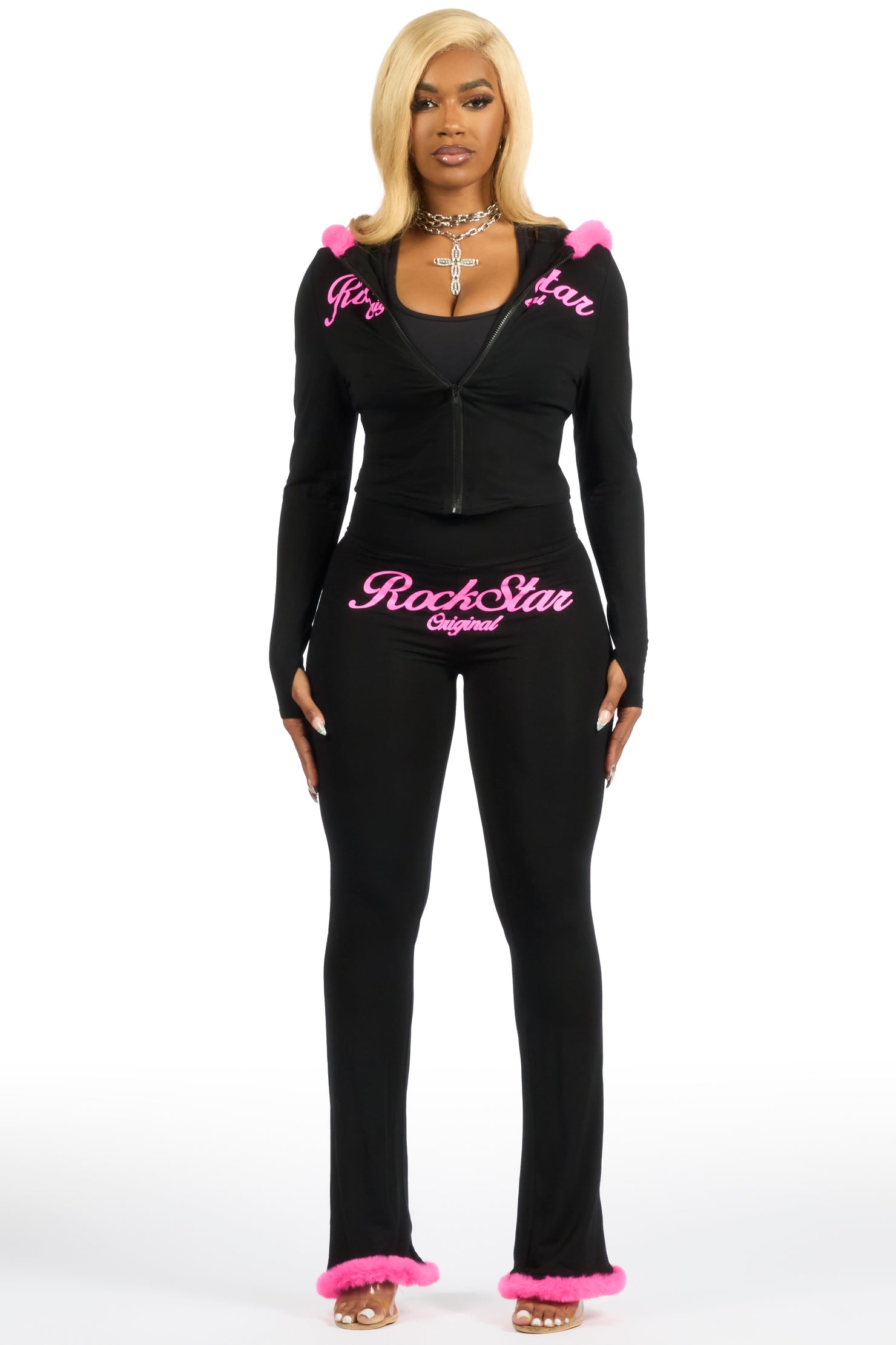 Metrie Black Lounge Track Set With Fur Trim