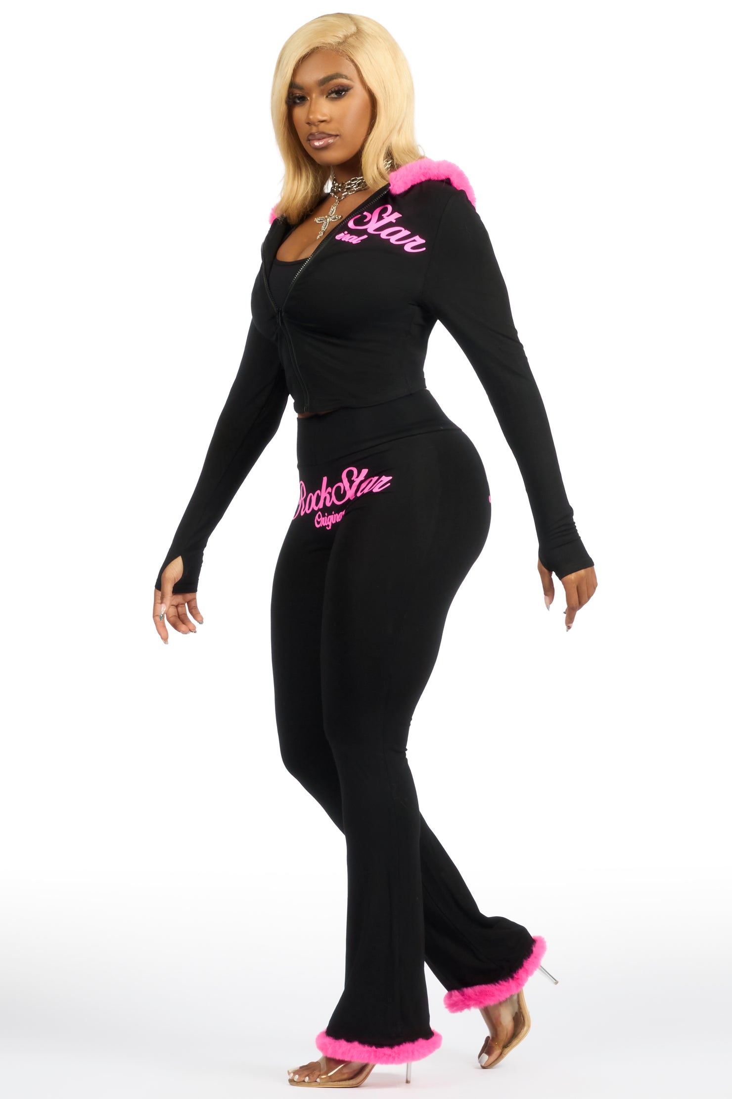 Metrie Black Lounge Track Set With Fur Trim