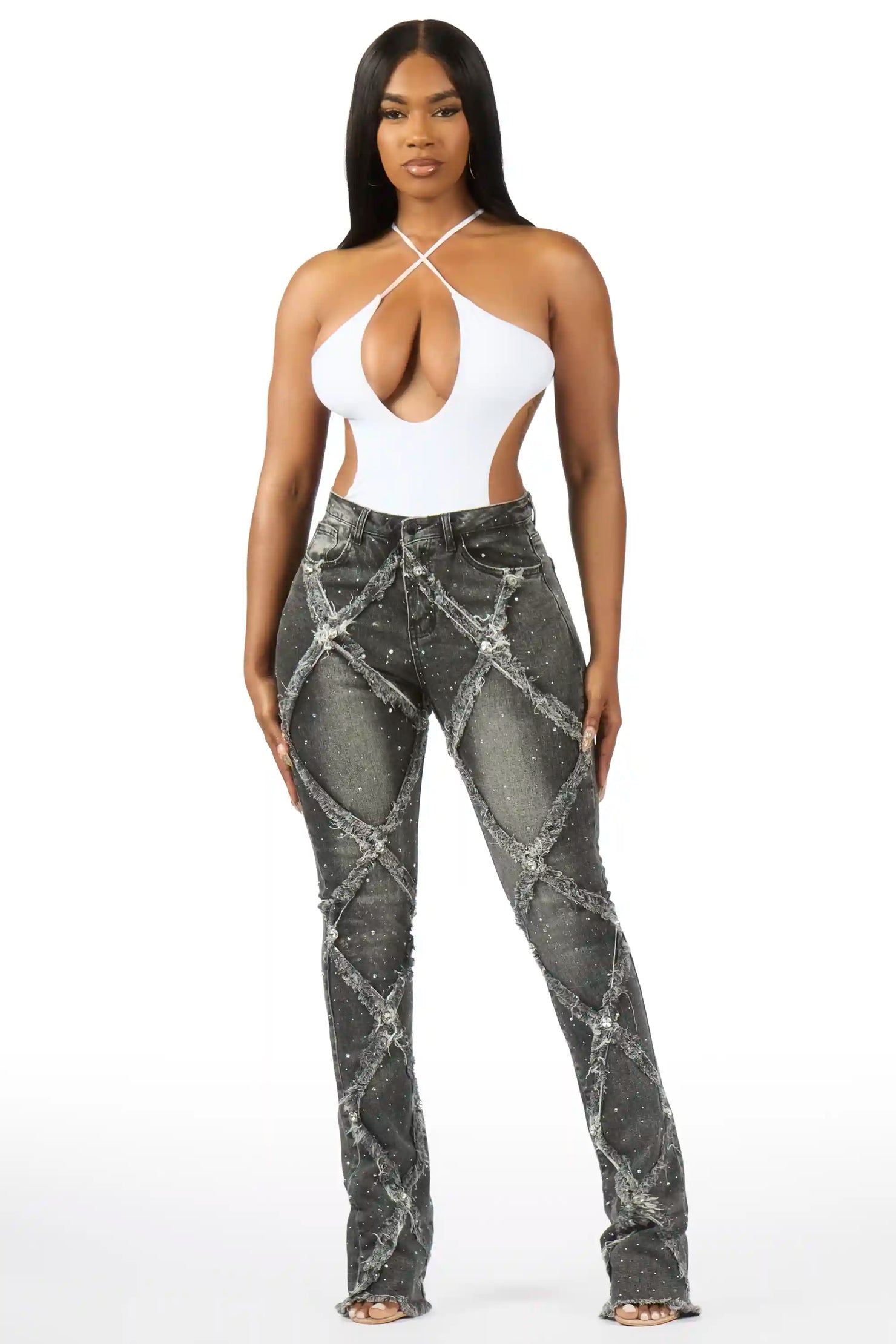 Keericka Grey Wash Rhinestone Stacked Flare Jean