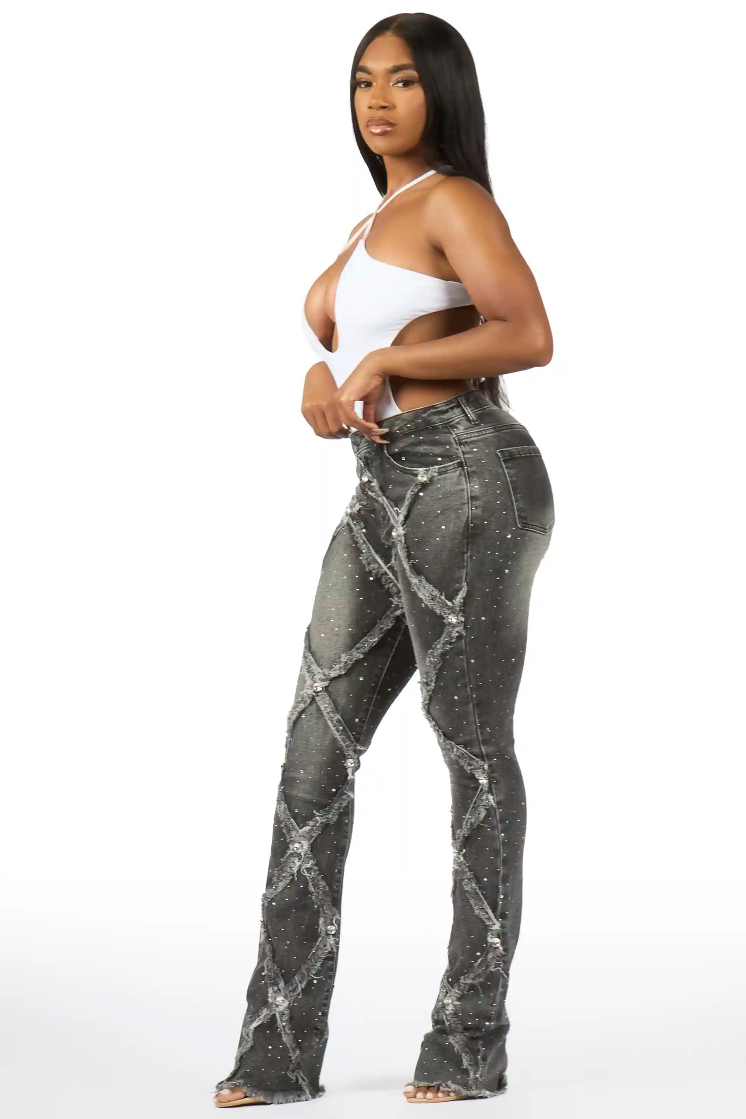 Keericka Grey Wash Rhinestone Stacked Flare Jean