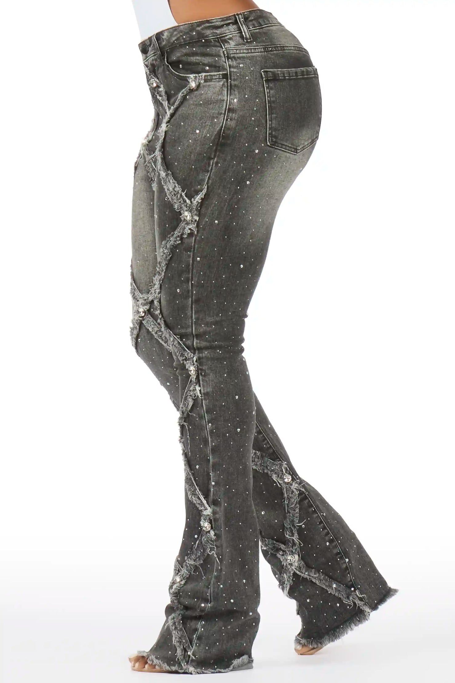 Keericka Grey Wash Rhinestone Stacked Flare Jean