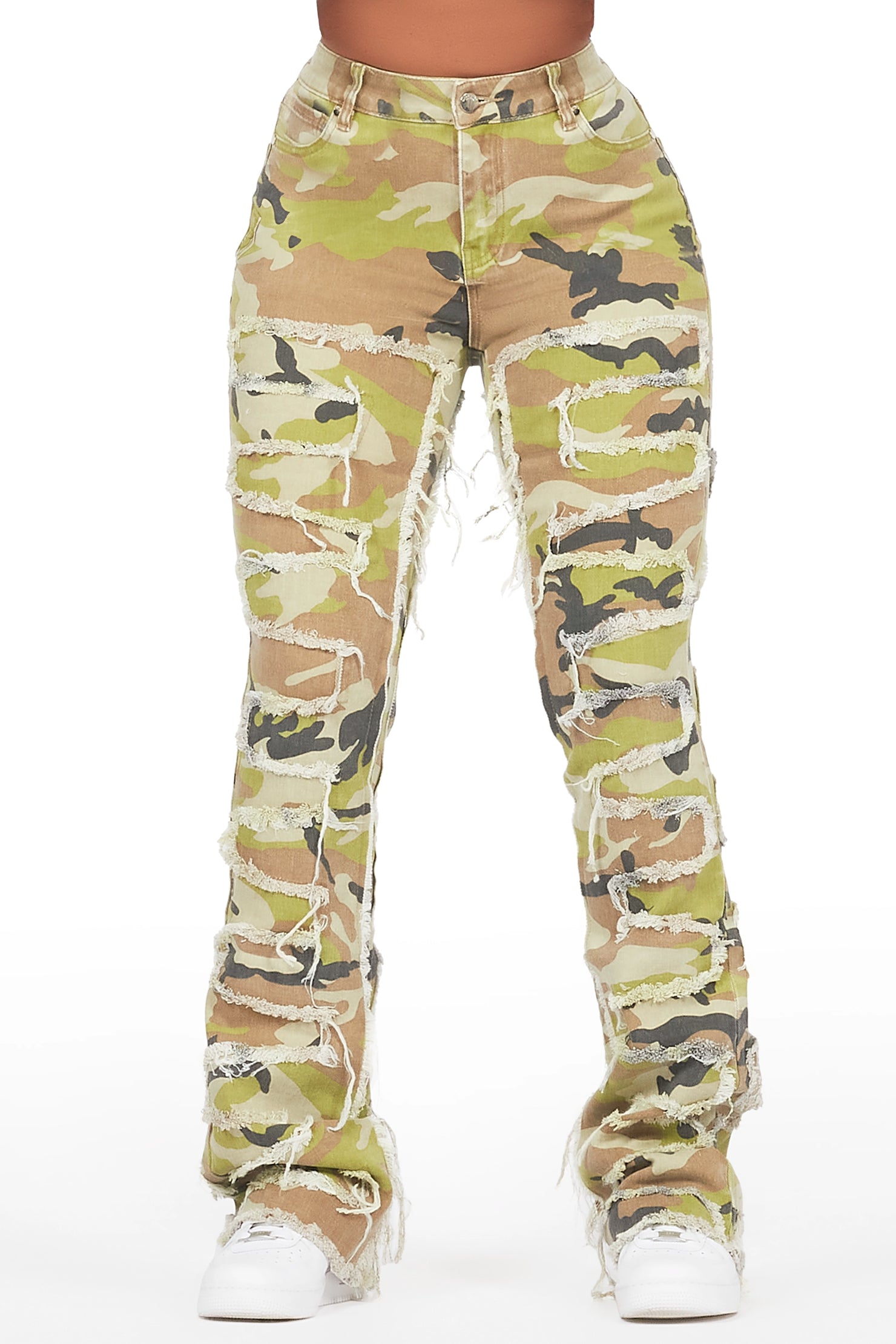 Zariyah Green Camo Stacked Flare Jean