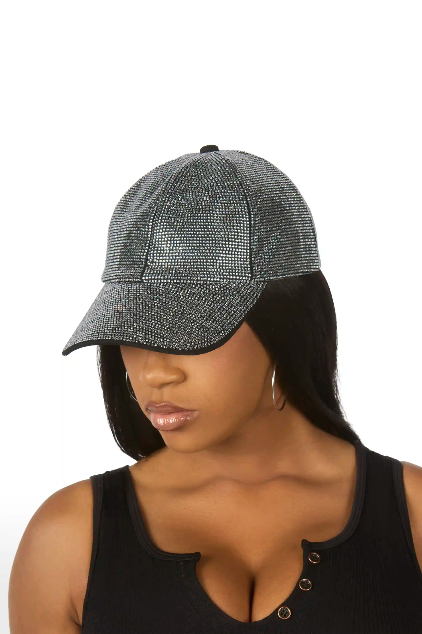 Wilamesha Black/Clear Rhinestone Trucker Hat