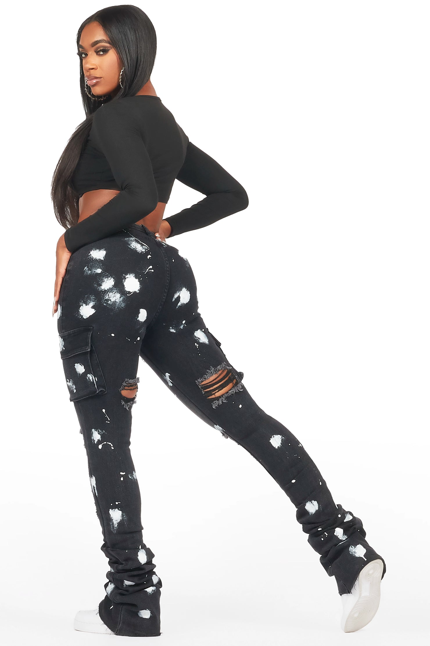 Tersenis Black Painted Cargo Super Stacked Jean