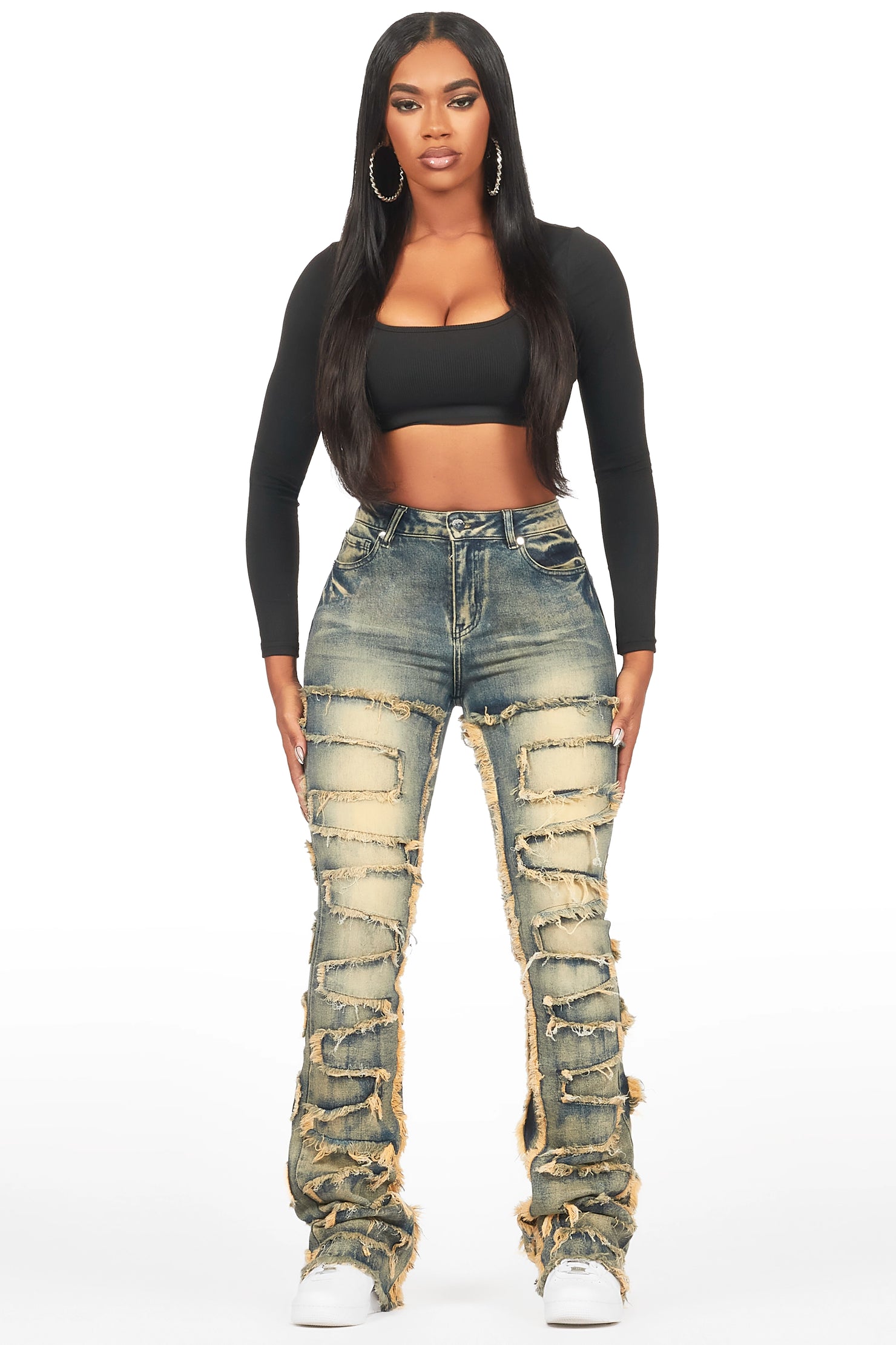 Zariyah Tinted Dark Wash Stacked Flare Jean