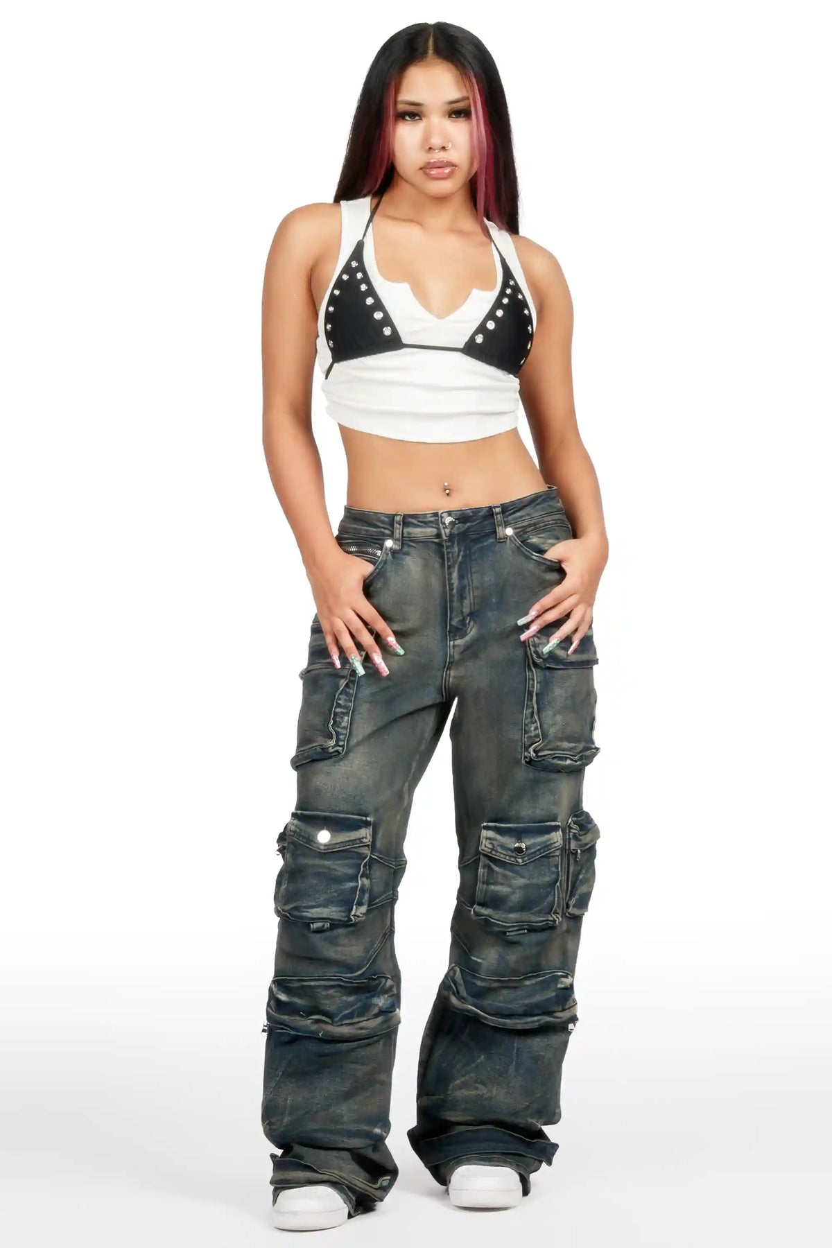 Novayah Dark Blue Baggy Cargo Jean