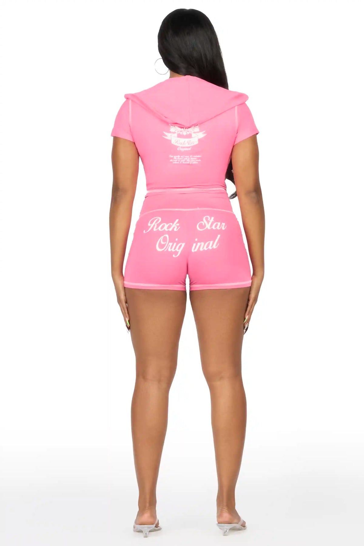 Desmine Pink Short Sleeve Zip Up Short Set
