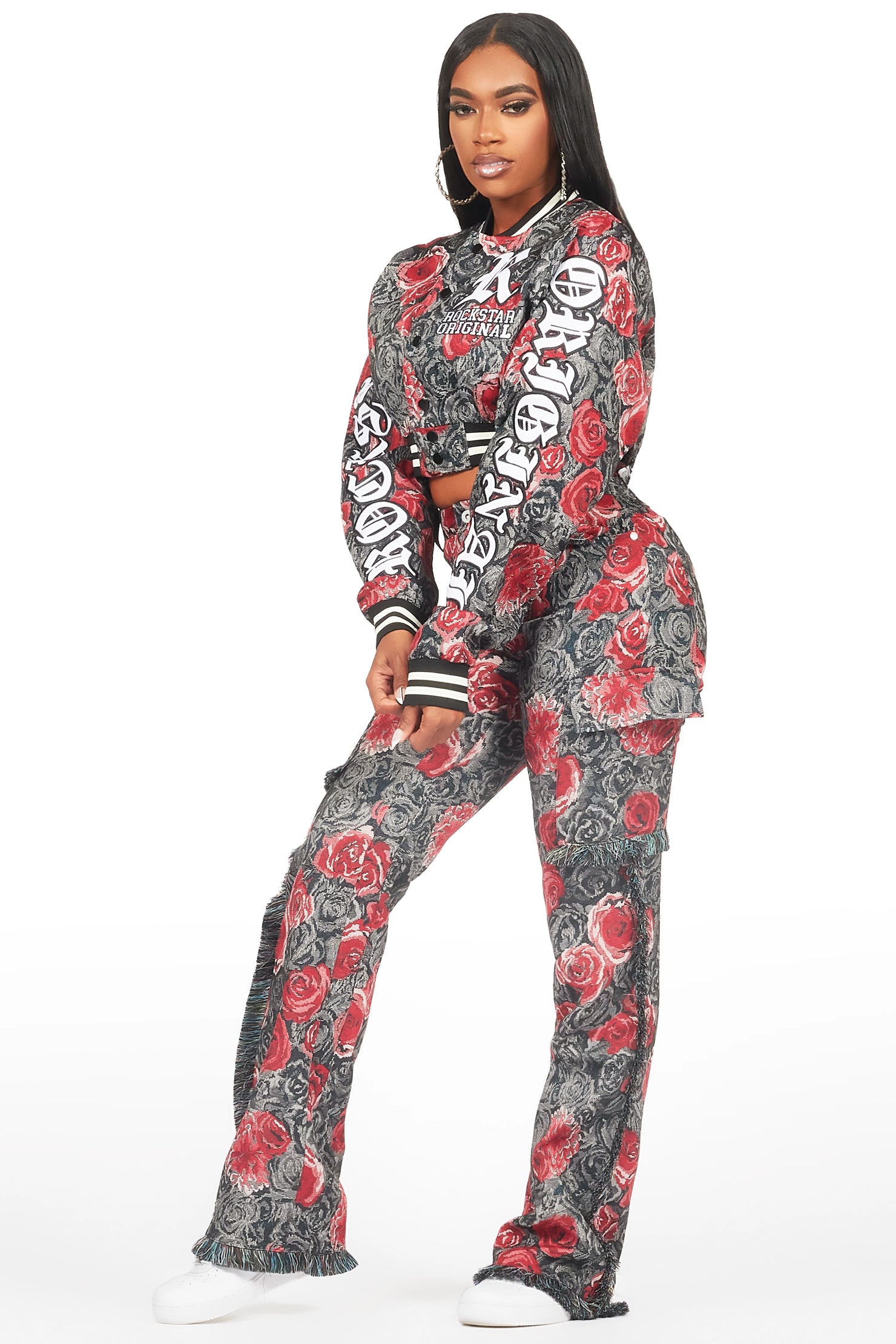 Darresha Black/Red Crop Tapestry Varsity Jacket