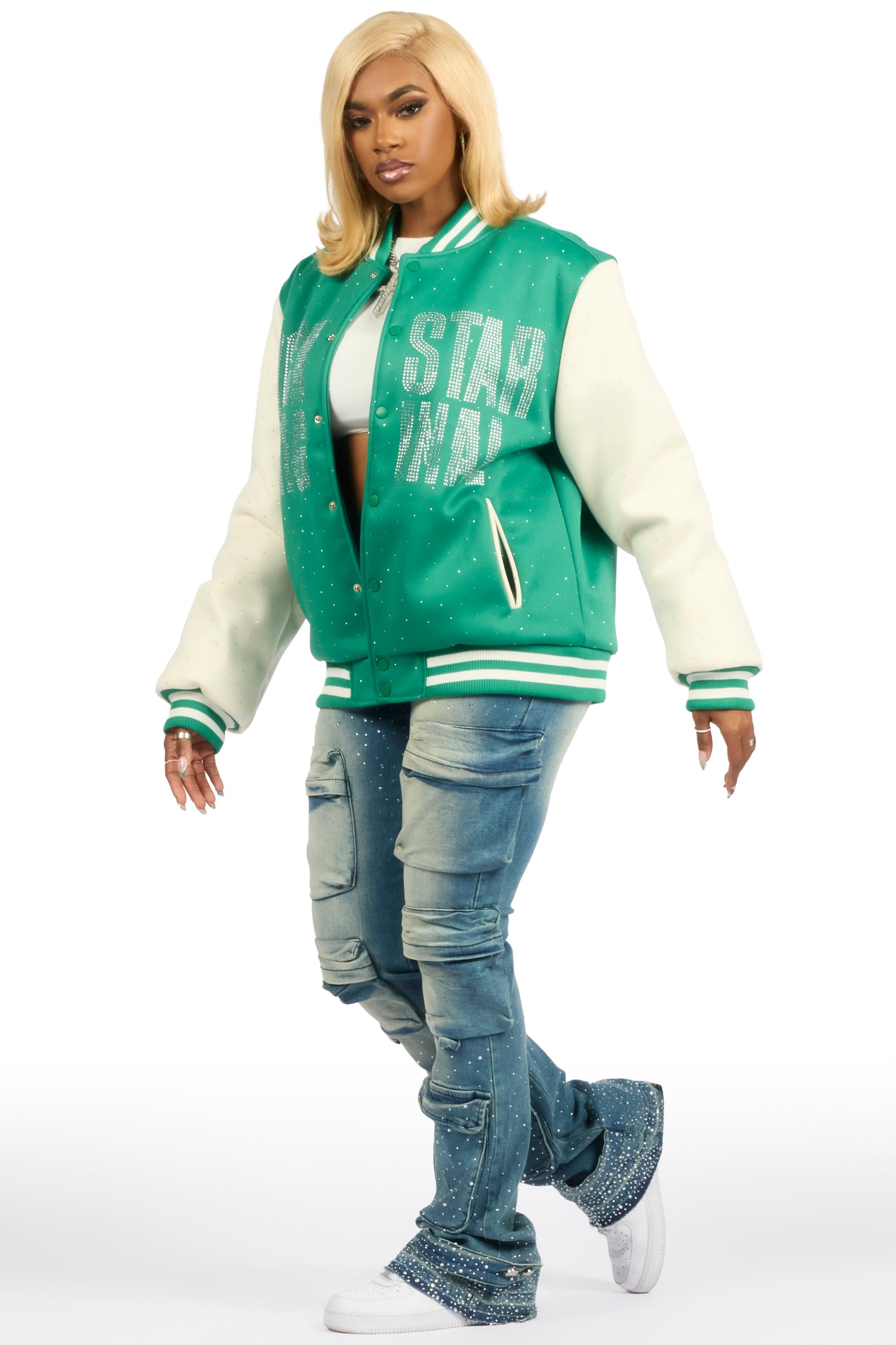 Nakiah Green Rhinestone Varsity Jacket