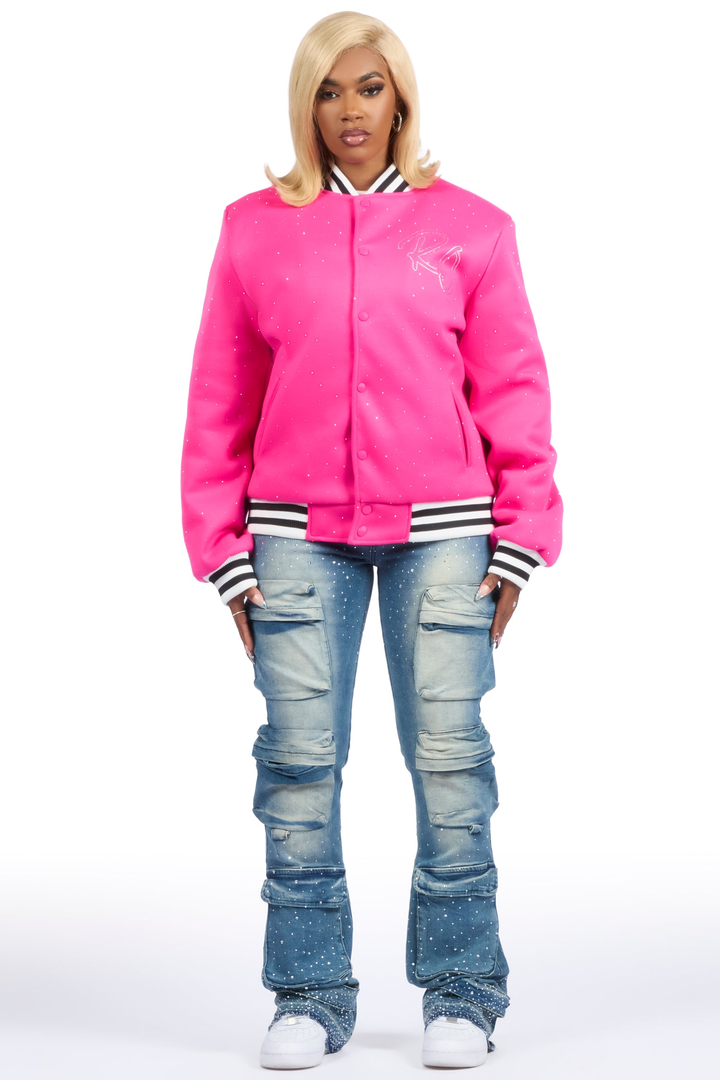 Alonza Hot Pink Rhinestone Varsity Jacket