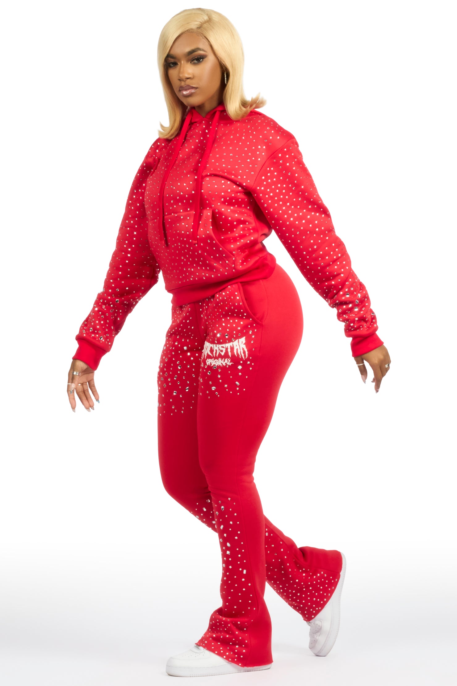Porsha Red Rhinestone Stacked Track Set