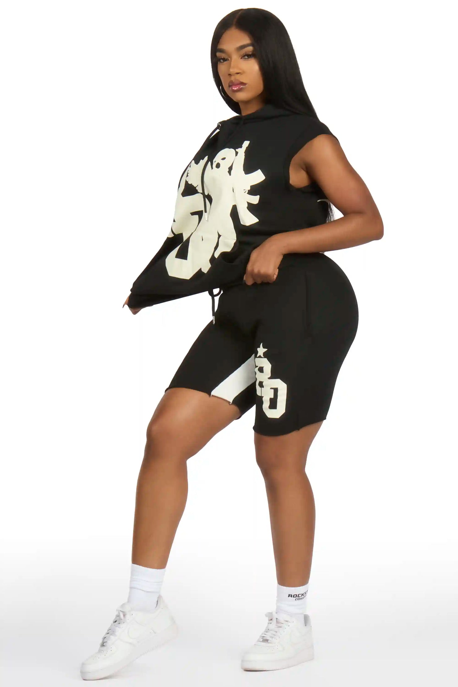 Danehsa Black Cut Sleeve Hoodie Short Set