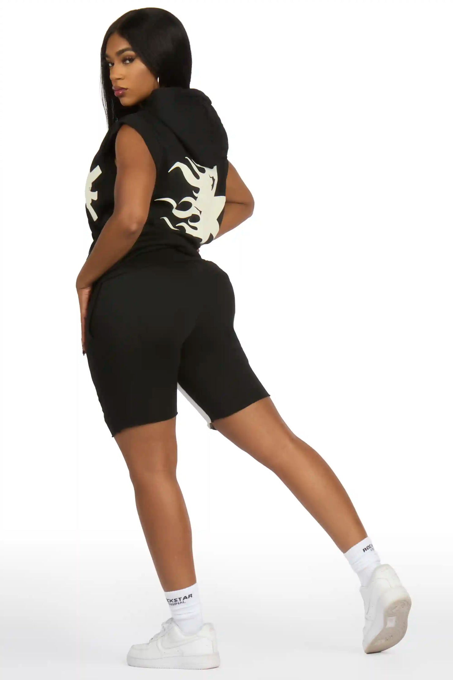 Danehsa Black Cut Sleeve Hoodie Short Set