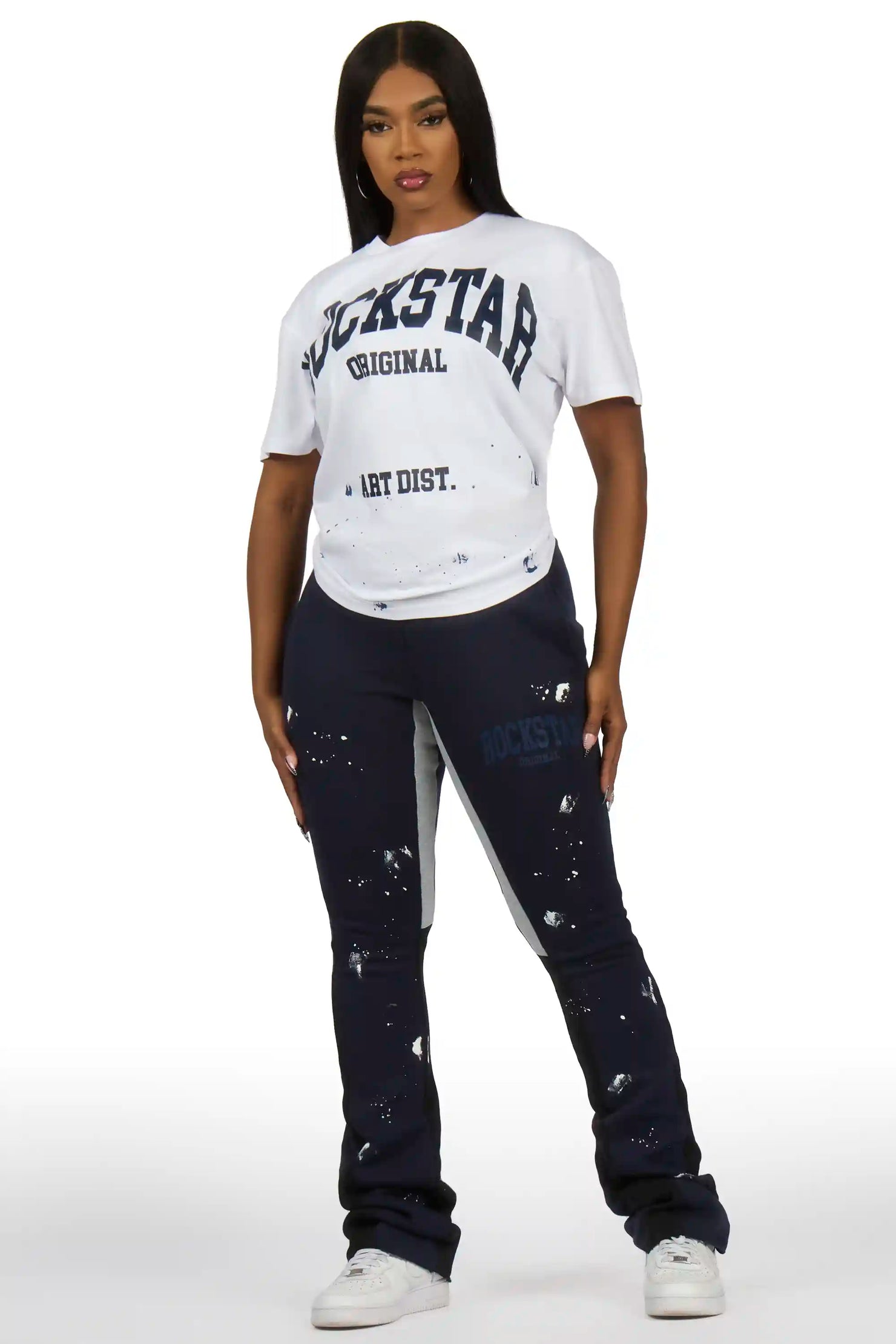Nadiyah White/Navy T-Shirt Stacked Track Set