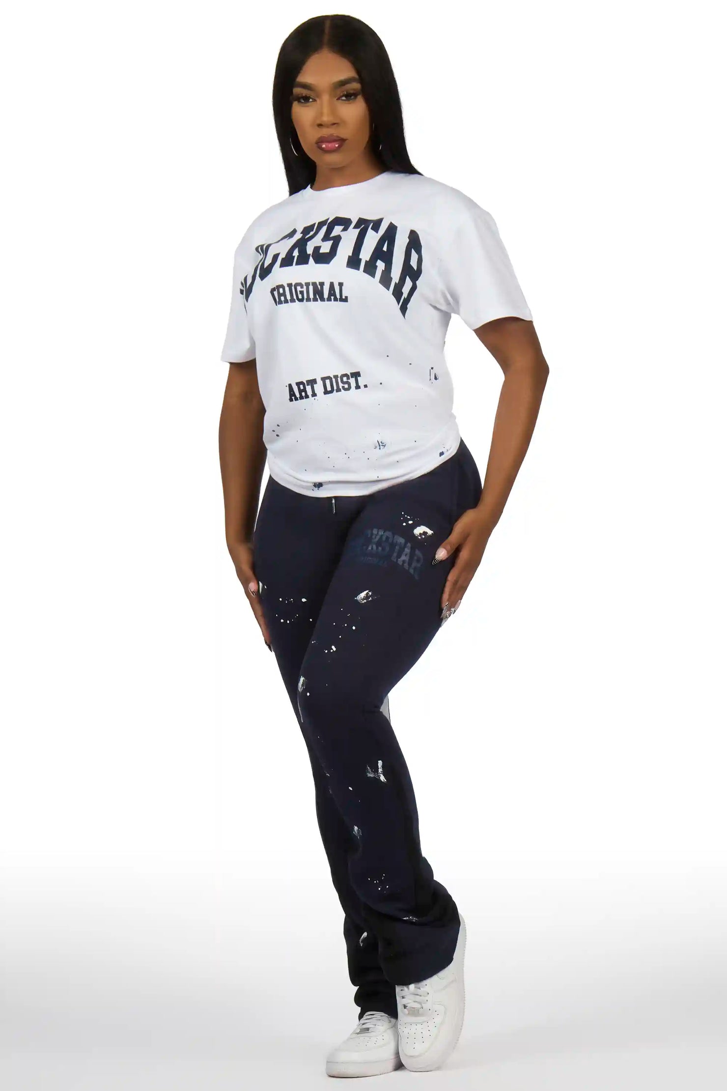 Nadiyah White/Navy T-Shirt Stacked Track Set