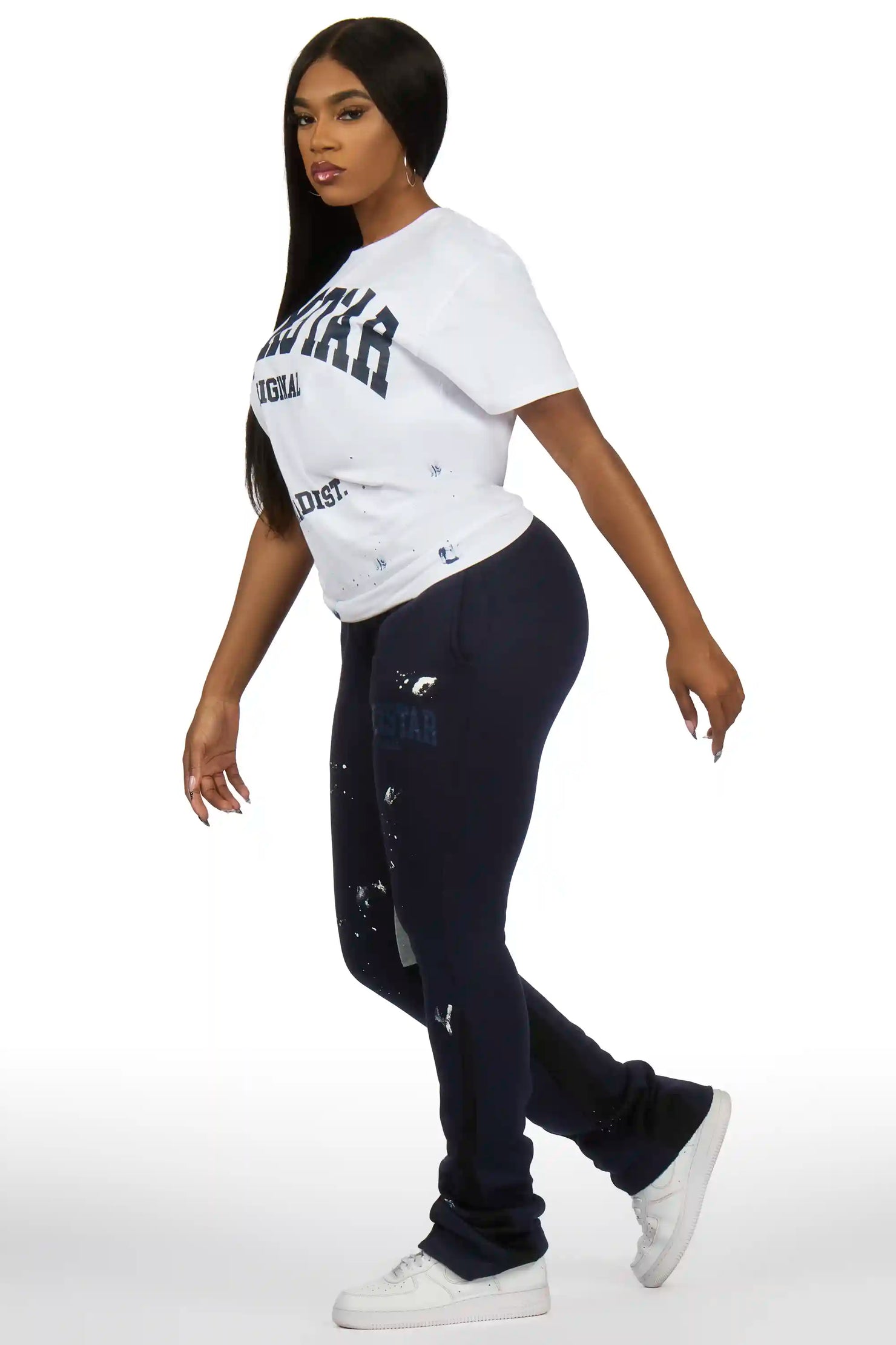 Nadiyah White/Navy T-Shirt Stacked Track Set