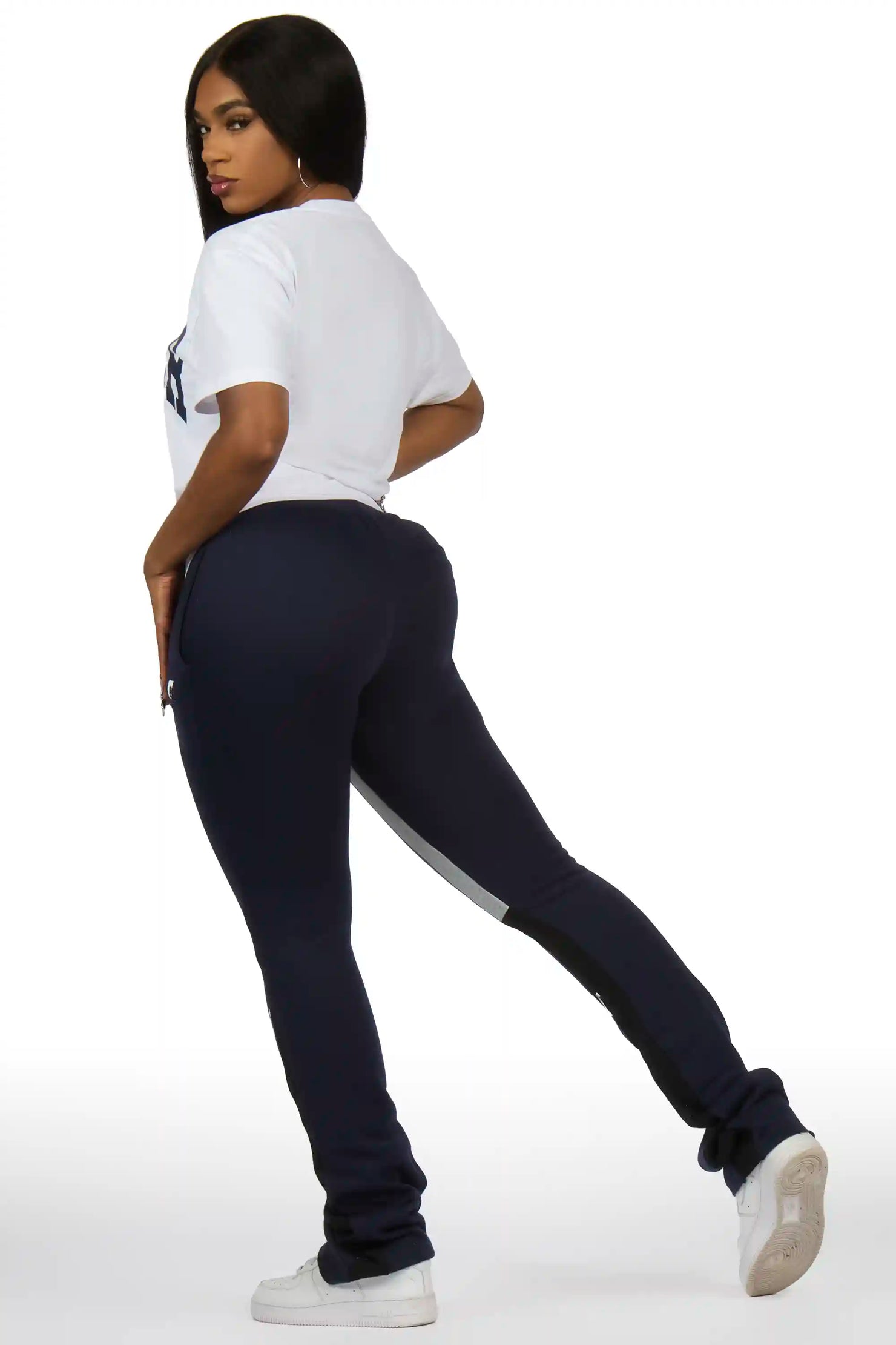 Nadiyah White/Navy T-Shirt Stacked Track Set