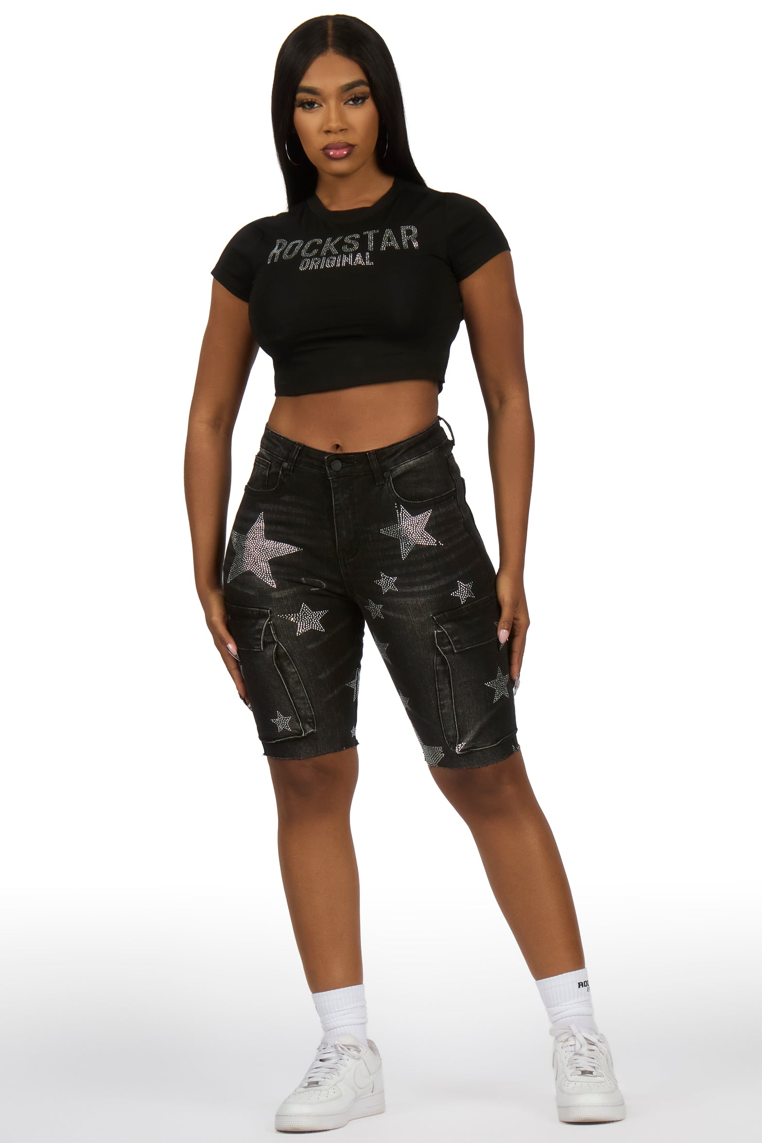 Jaquantae Black Rhinestone Bermuda Short