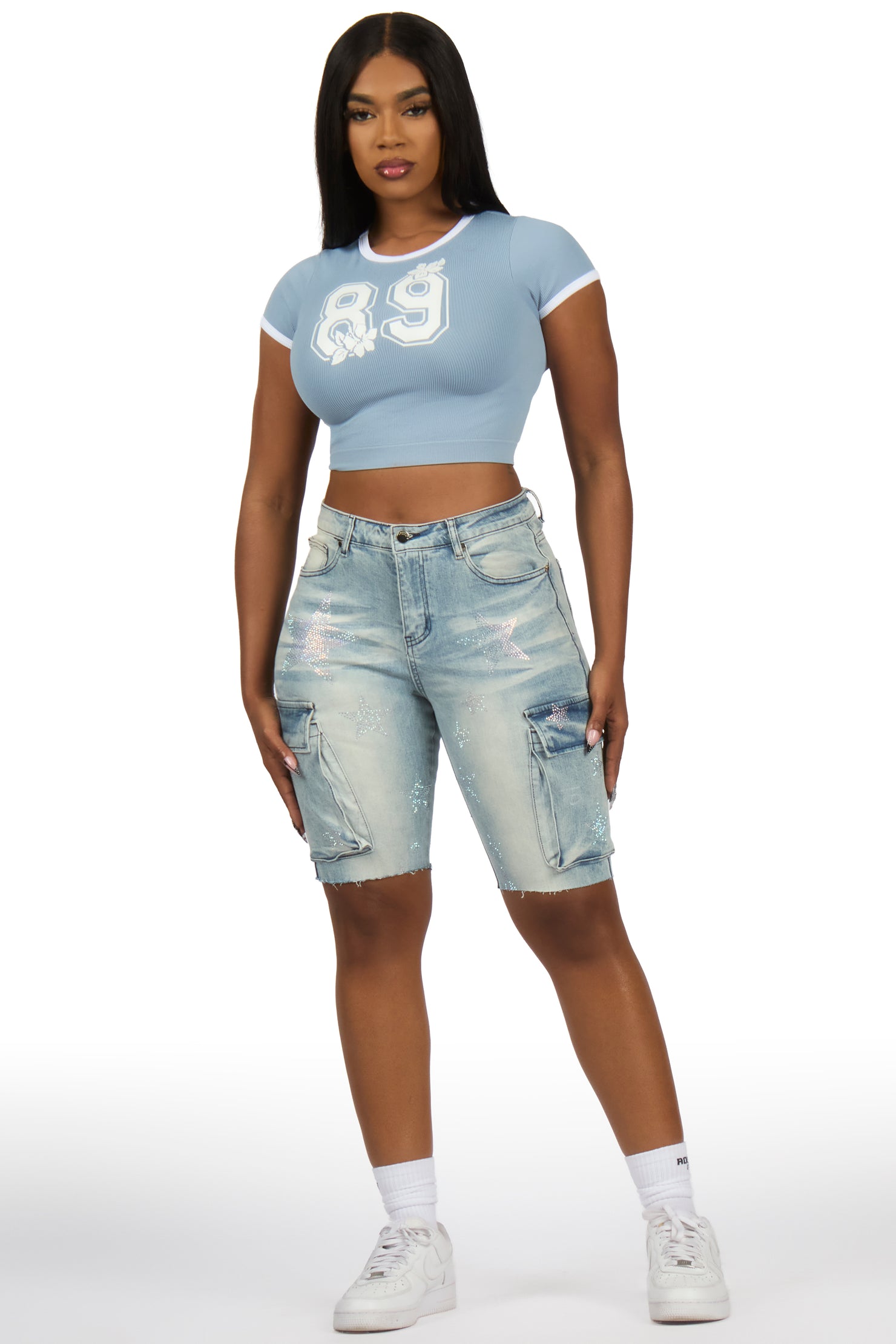 Jaquantae Light Wash Rhinestone Bermuda Short