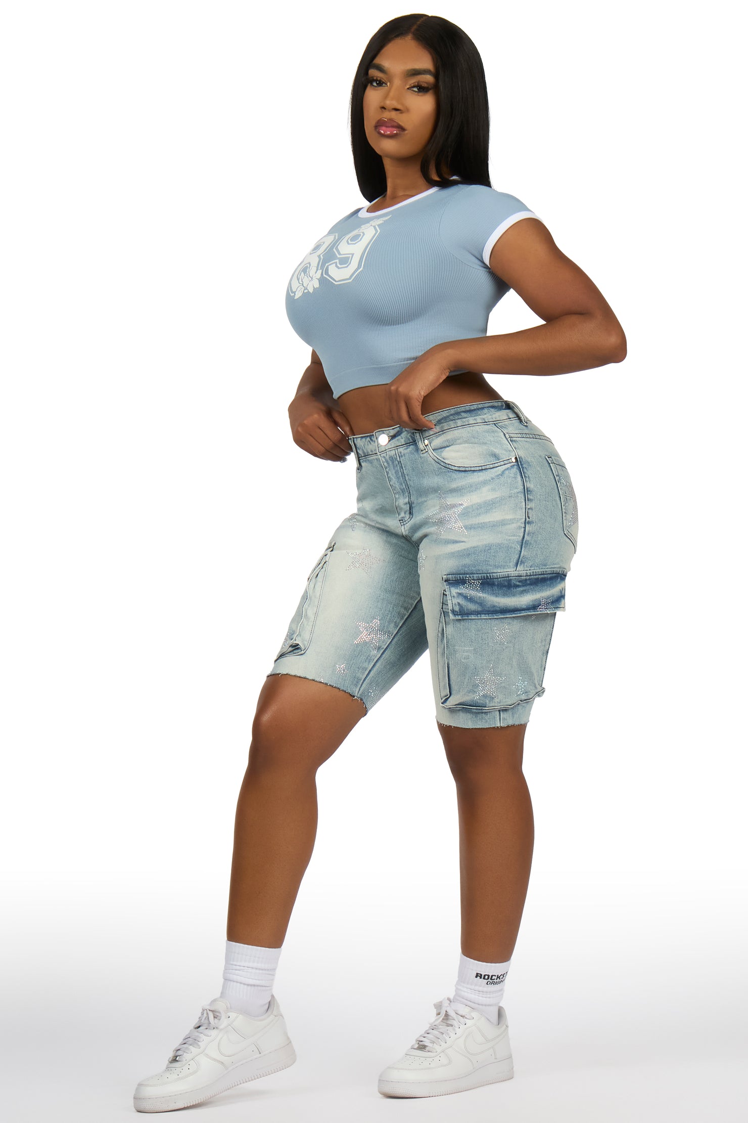 Jaquantae Light Wash Rhinestone Bermuda Short