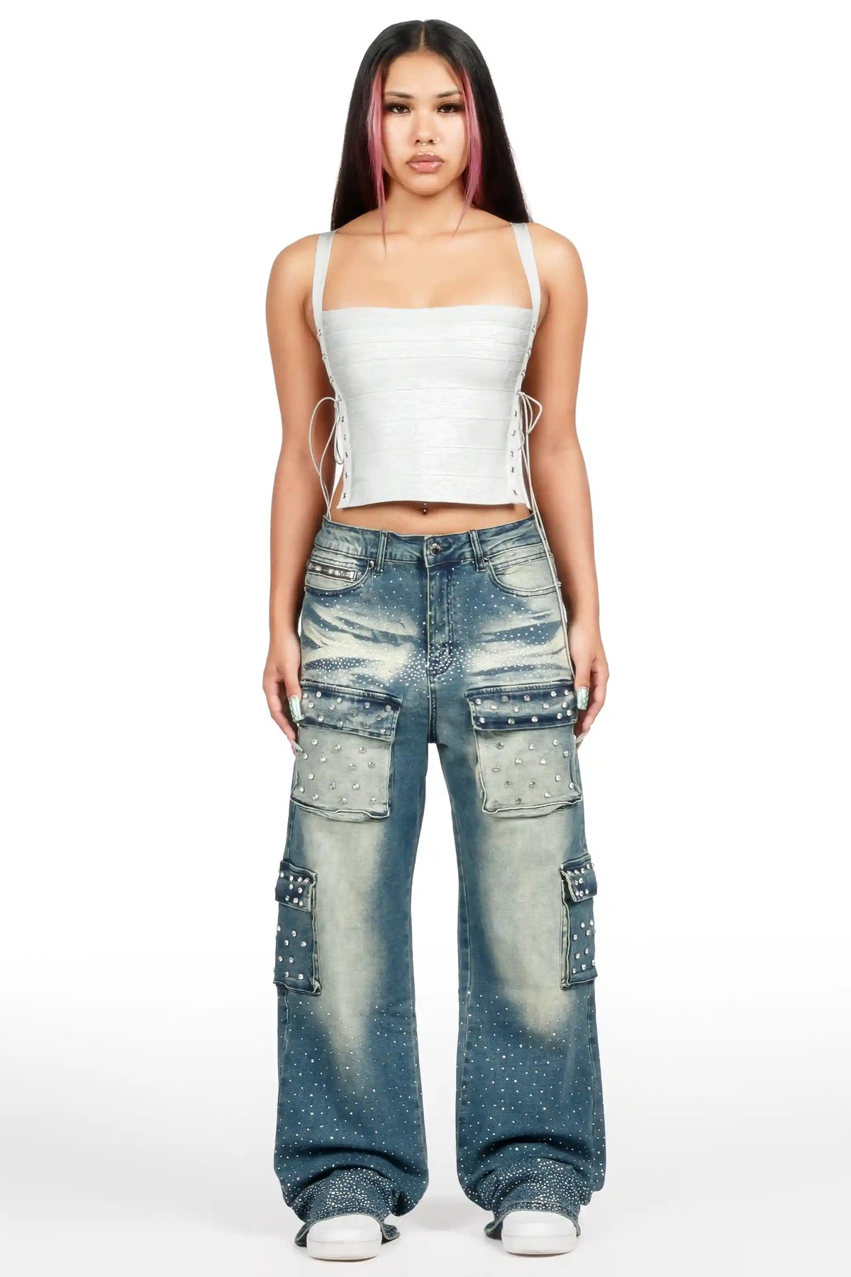 Amorie Dark Blue Rhinestone Baggy Fit Jean