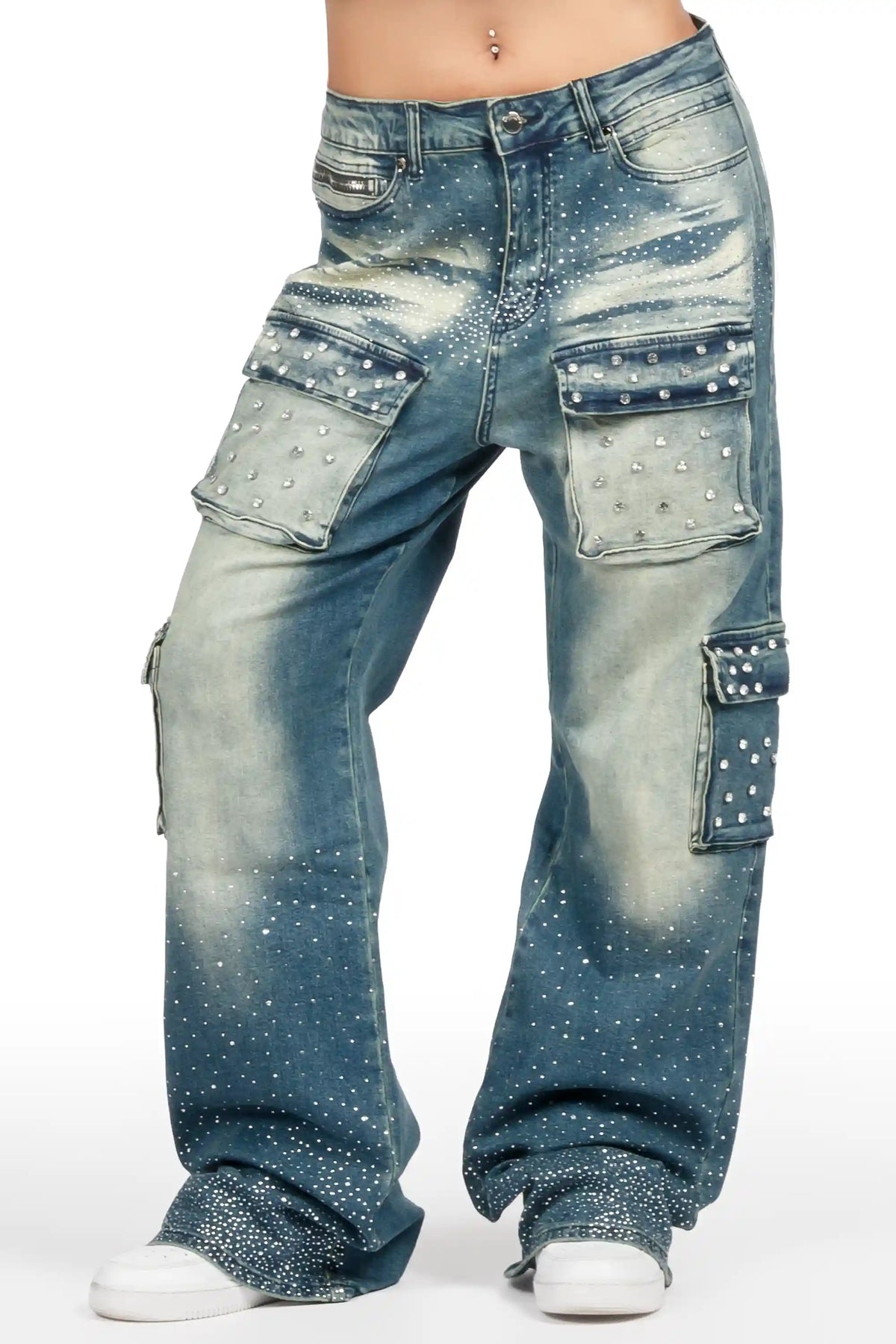 Amorie Dark Blue Rhinestone Baggy Fit Jean