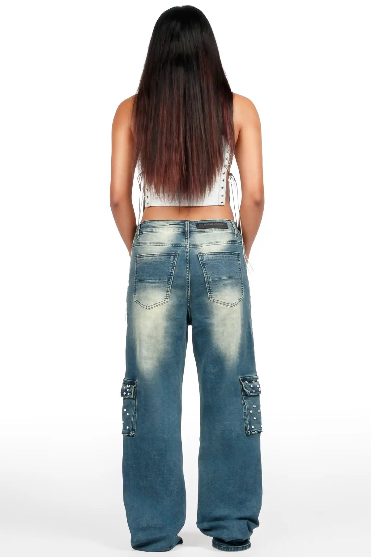 Amorie Dark Blue Rhinestone Baggy Fit Jean