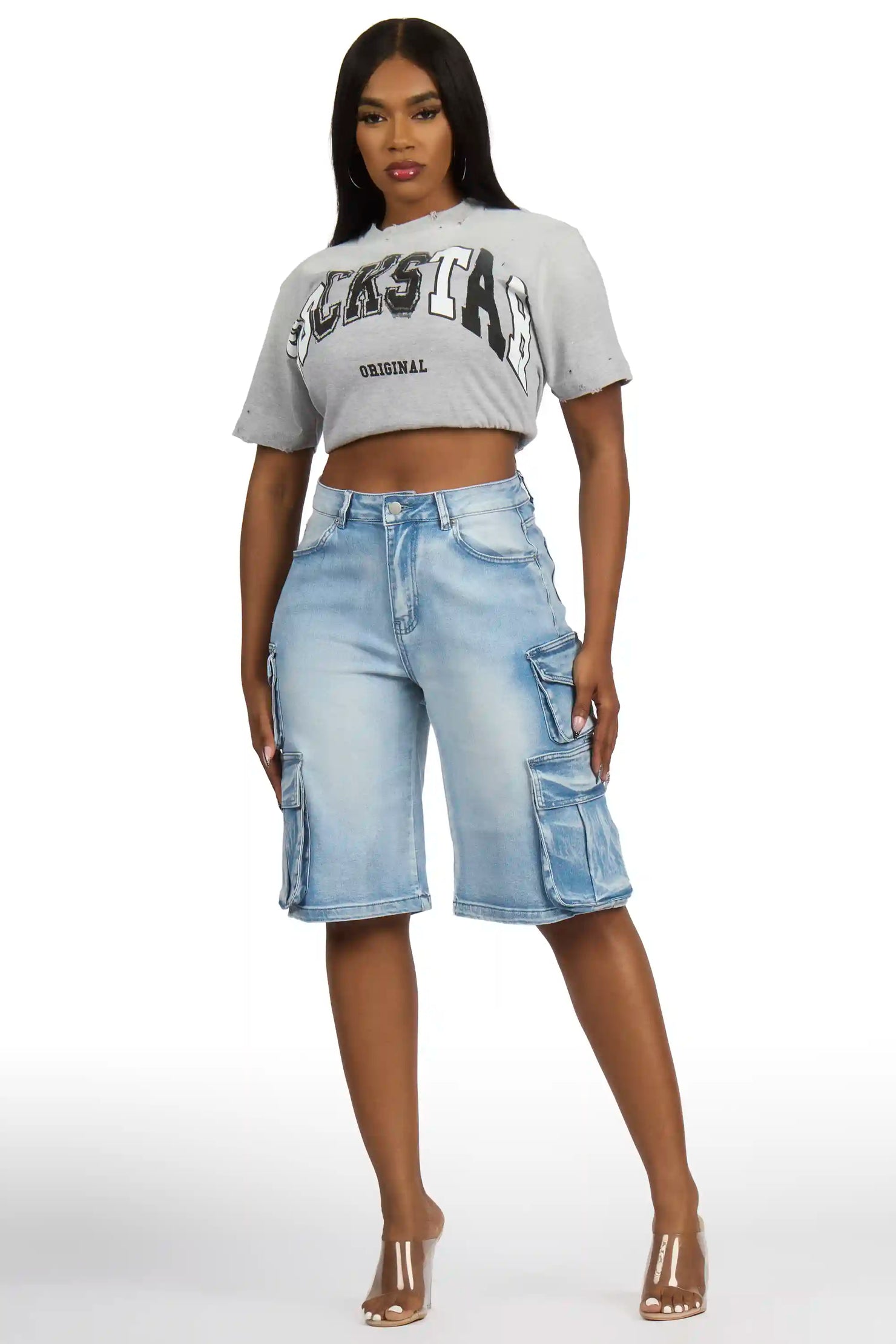 LaQuesha Light Wash Cargo Denim Jort