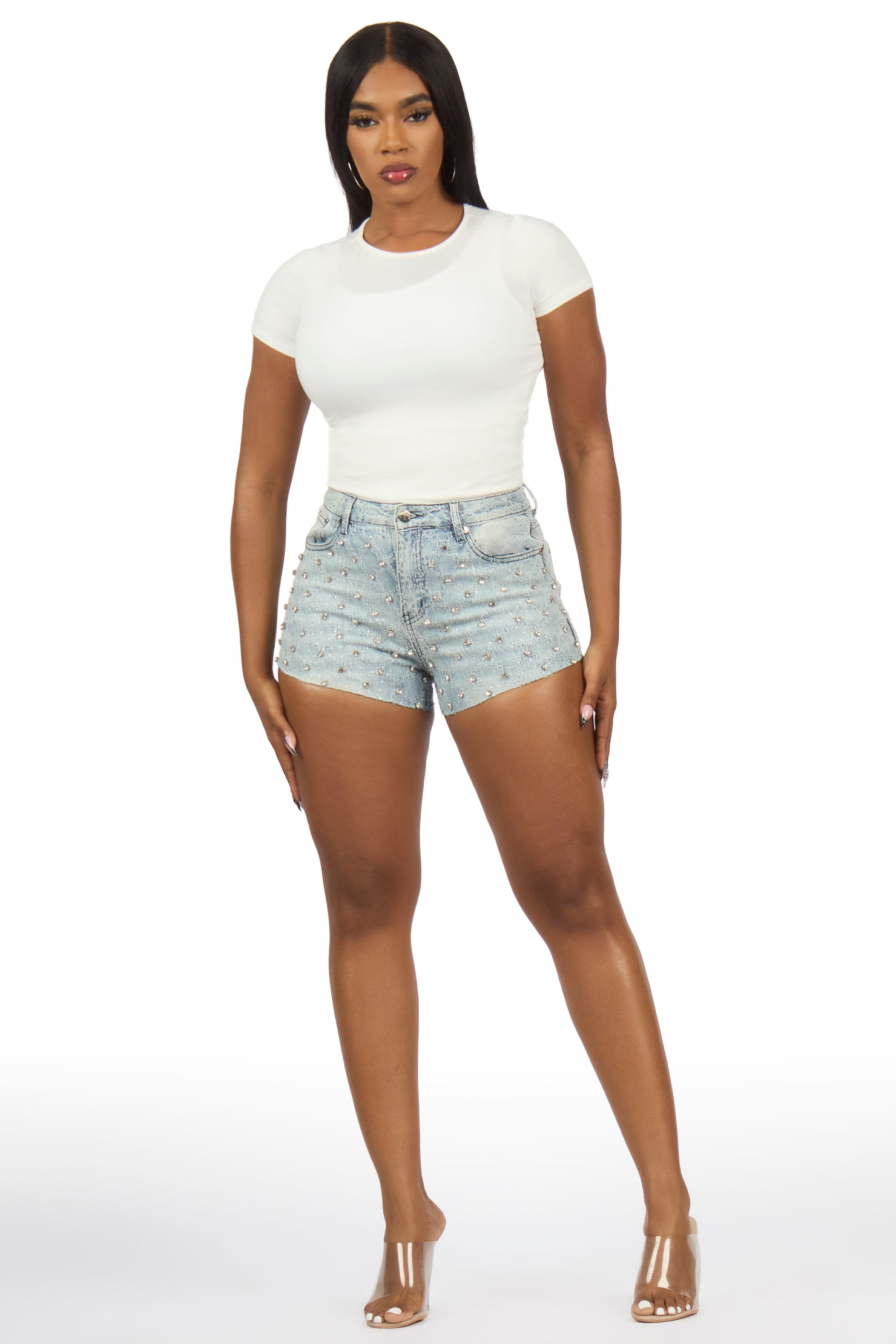 Janelly Light Wash Rhinestone Booty Short