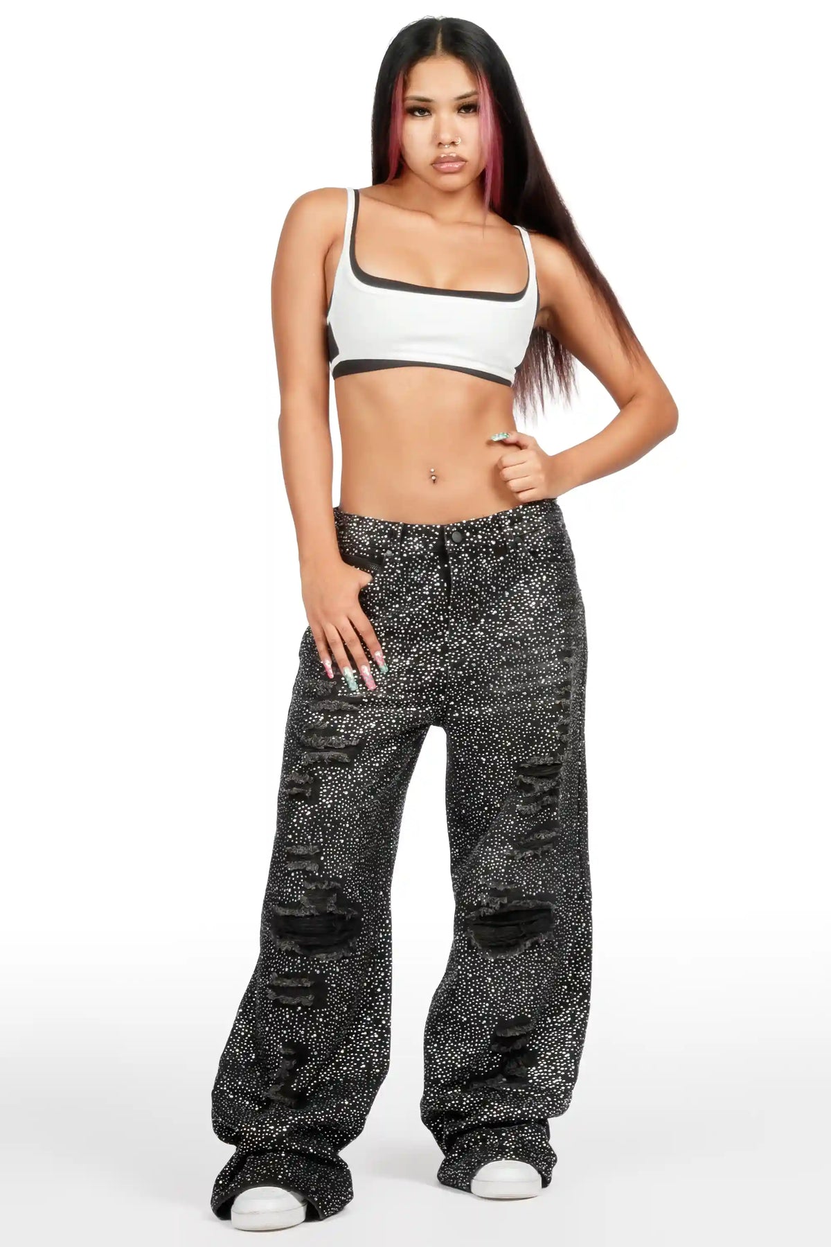 Azelia Black Rhinestone Baggy Fit Jean