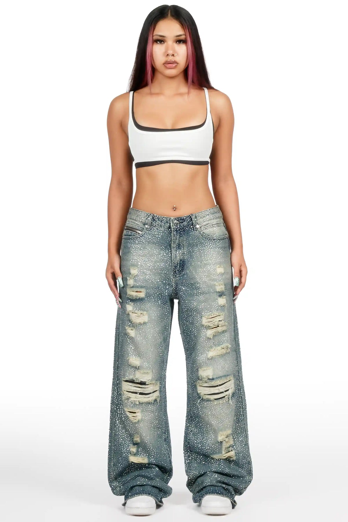 Azelia Dark Blue Rhinestone Baggy Fit Jean