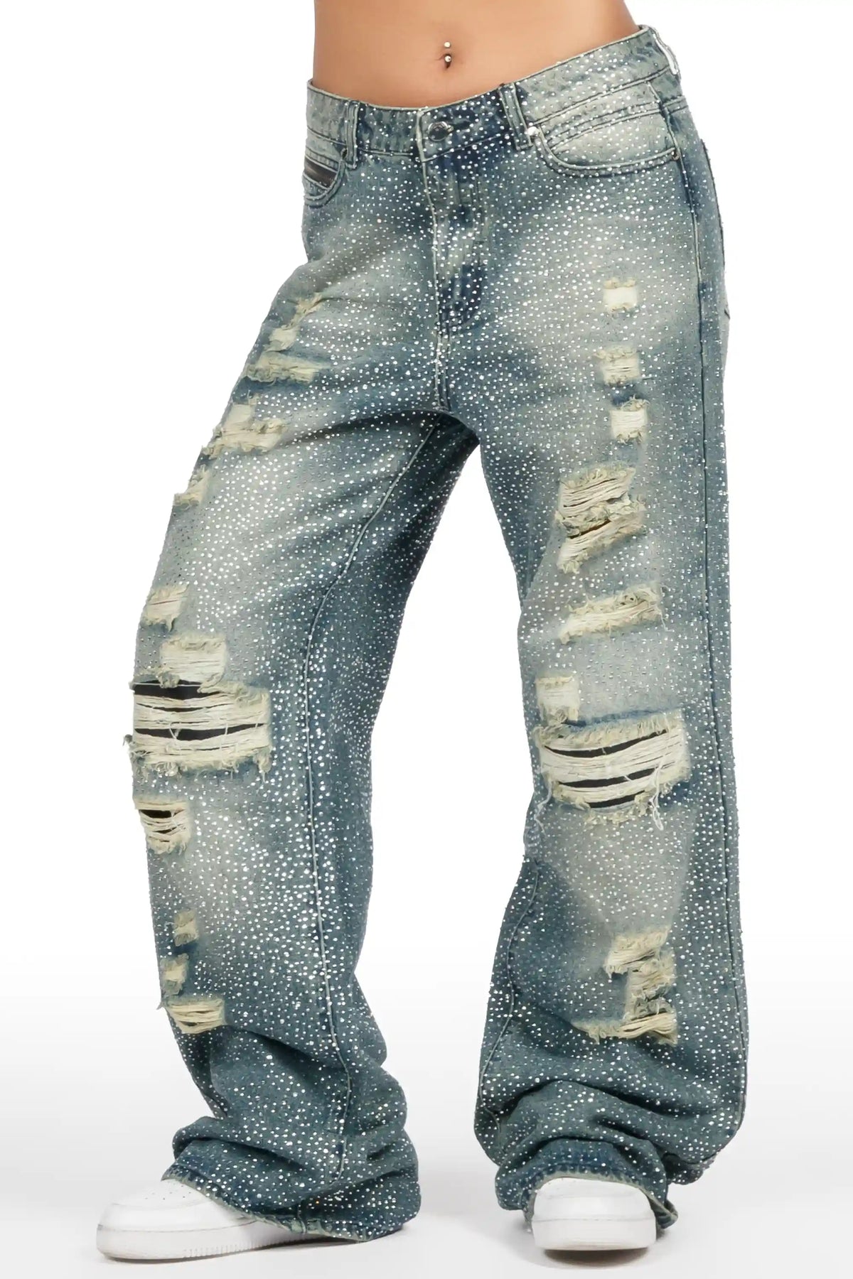 Azelia Dark Blue Rhinestone Baggy Fit Jean