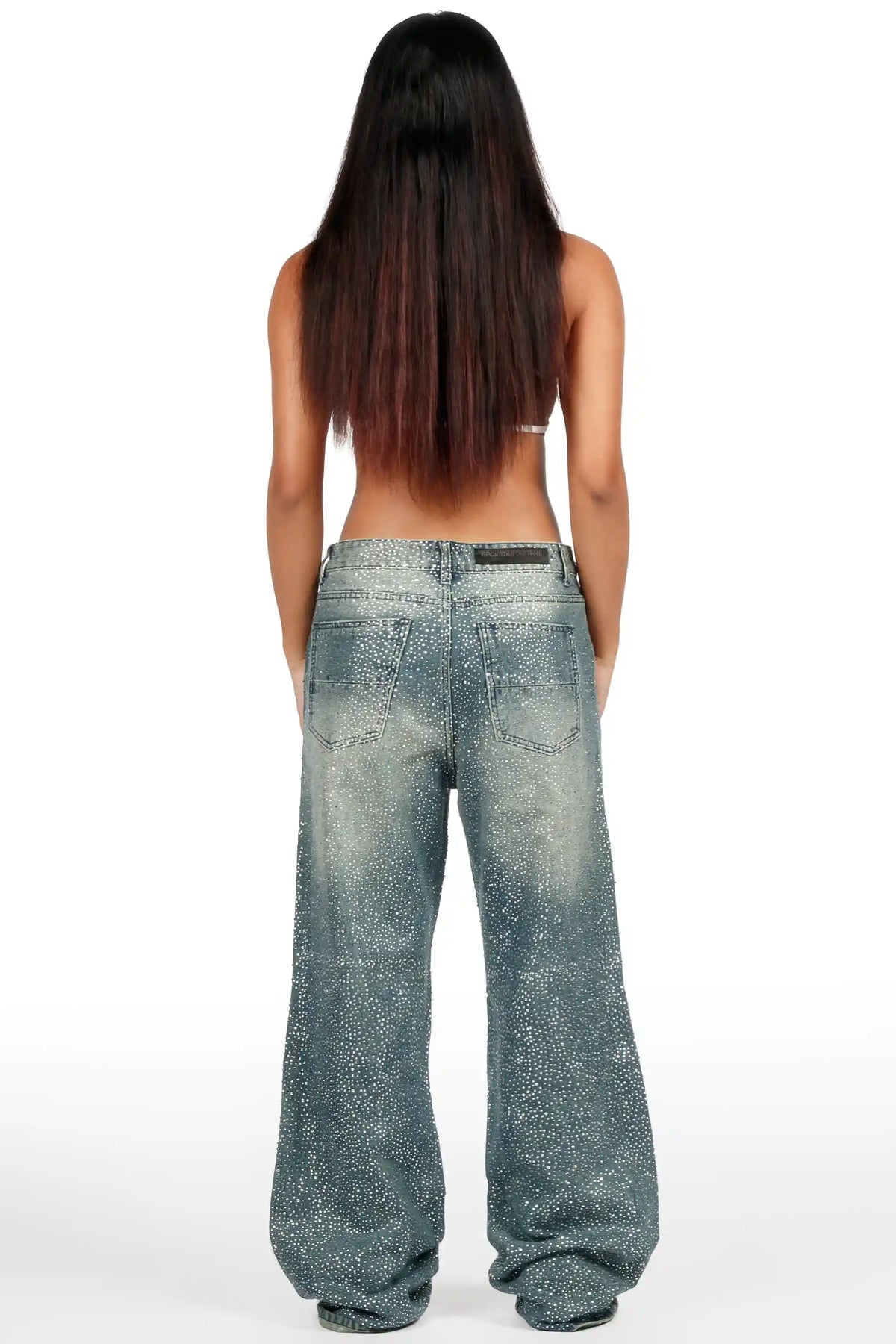 Azelia Dark Blue Rhinestone Baggy Fit Jean