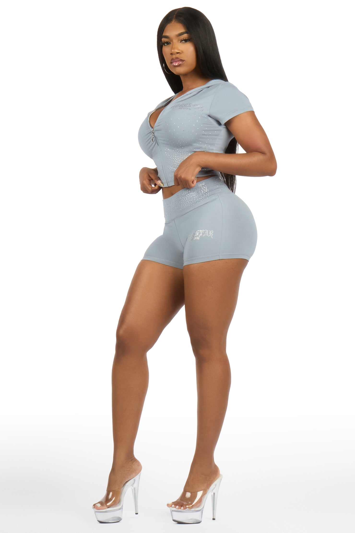 Jontella Grey Rhinestone Short Set