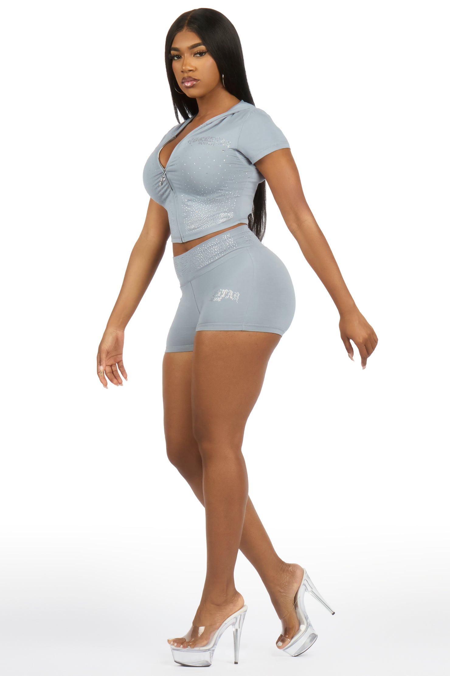 Jontella Grey Rhinestone Short Set